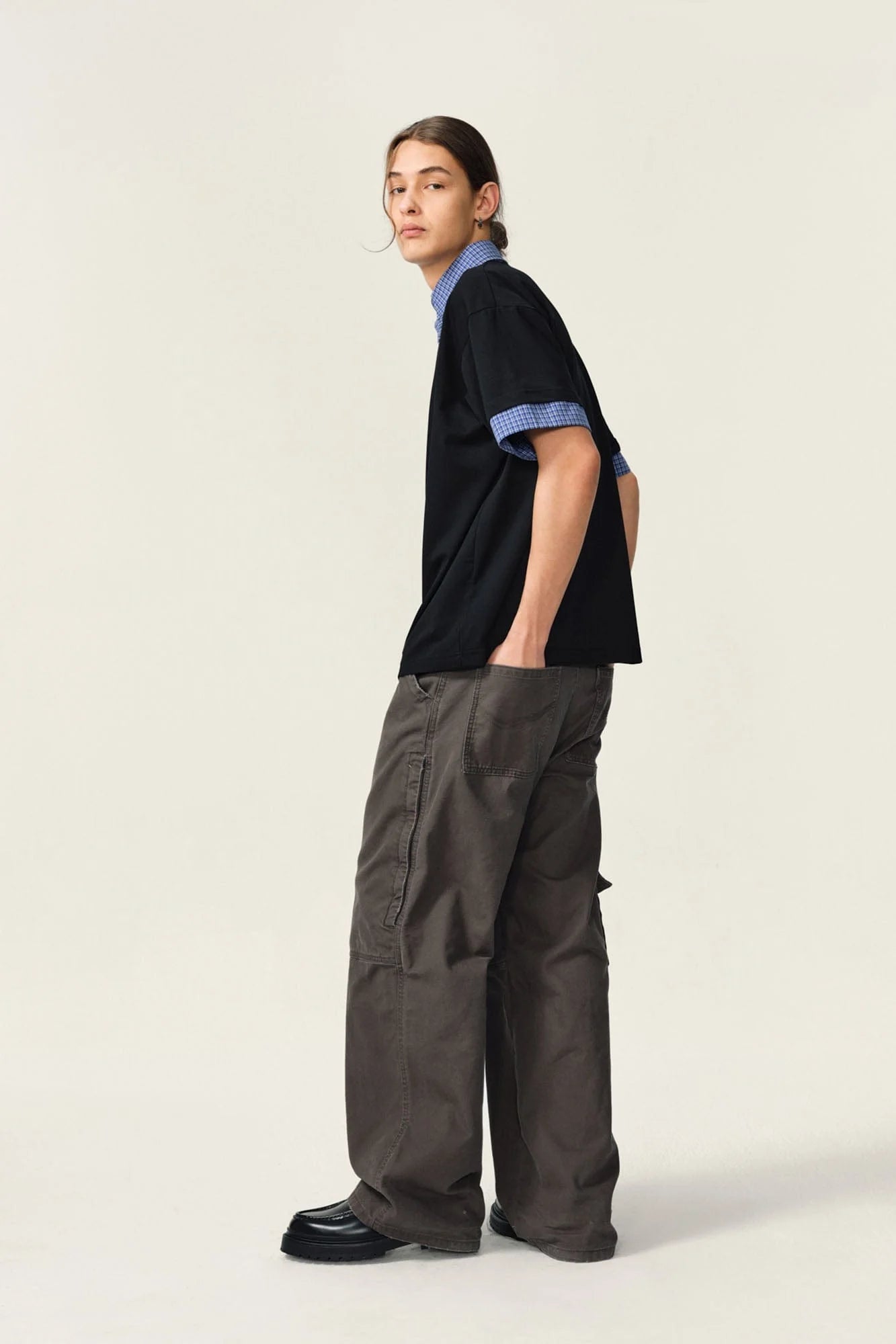 OVDY Layered Plaid Panel Mock Shirt T-Shirt