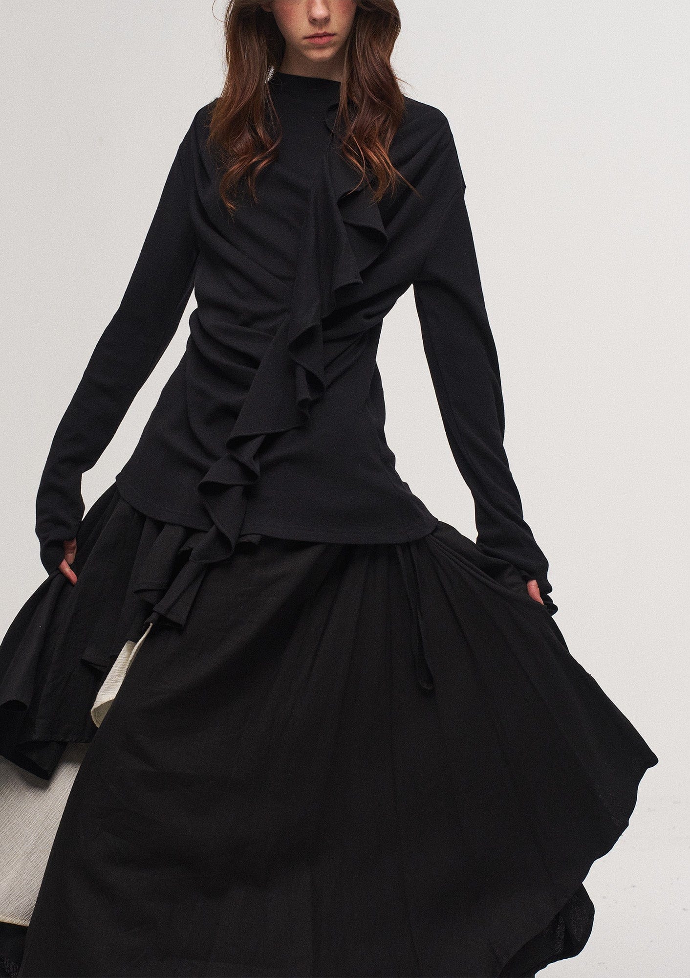 ILNya Nieternite Nifutur Ruffled Mock Neck Thumb Holes Wrinkled Base Layer