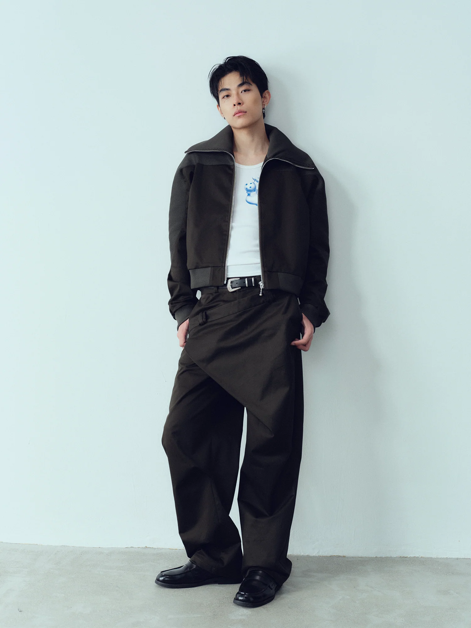 KADAKADA Rib-Spliced Stand-Collar Cropped Jacket