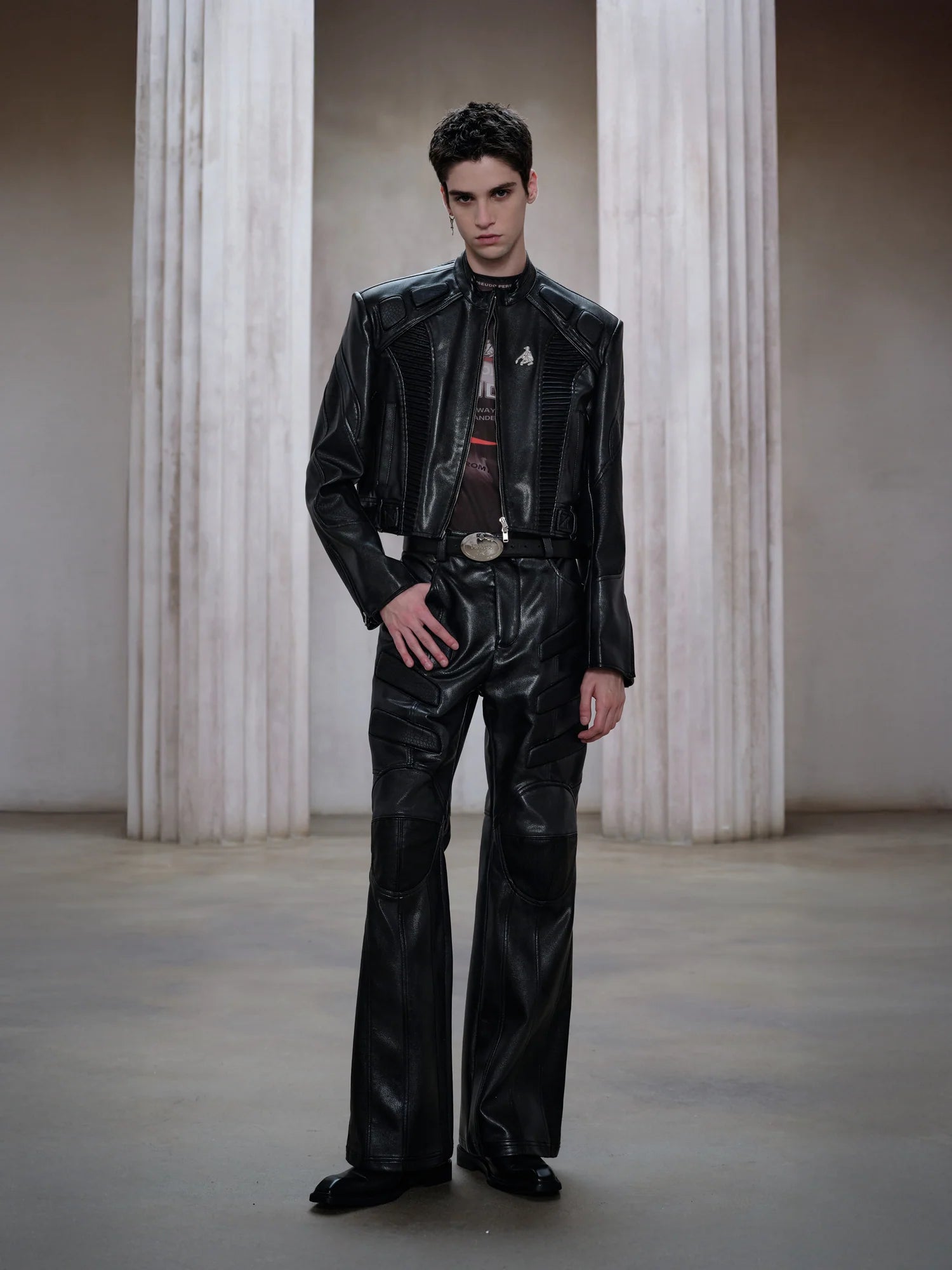 FACEONLAB Panel Armored Faux Leather Biker Pants Black