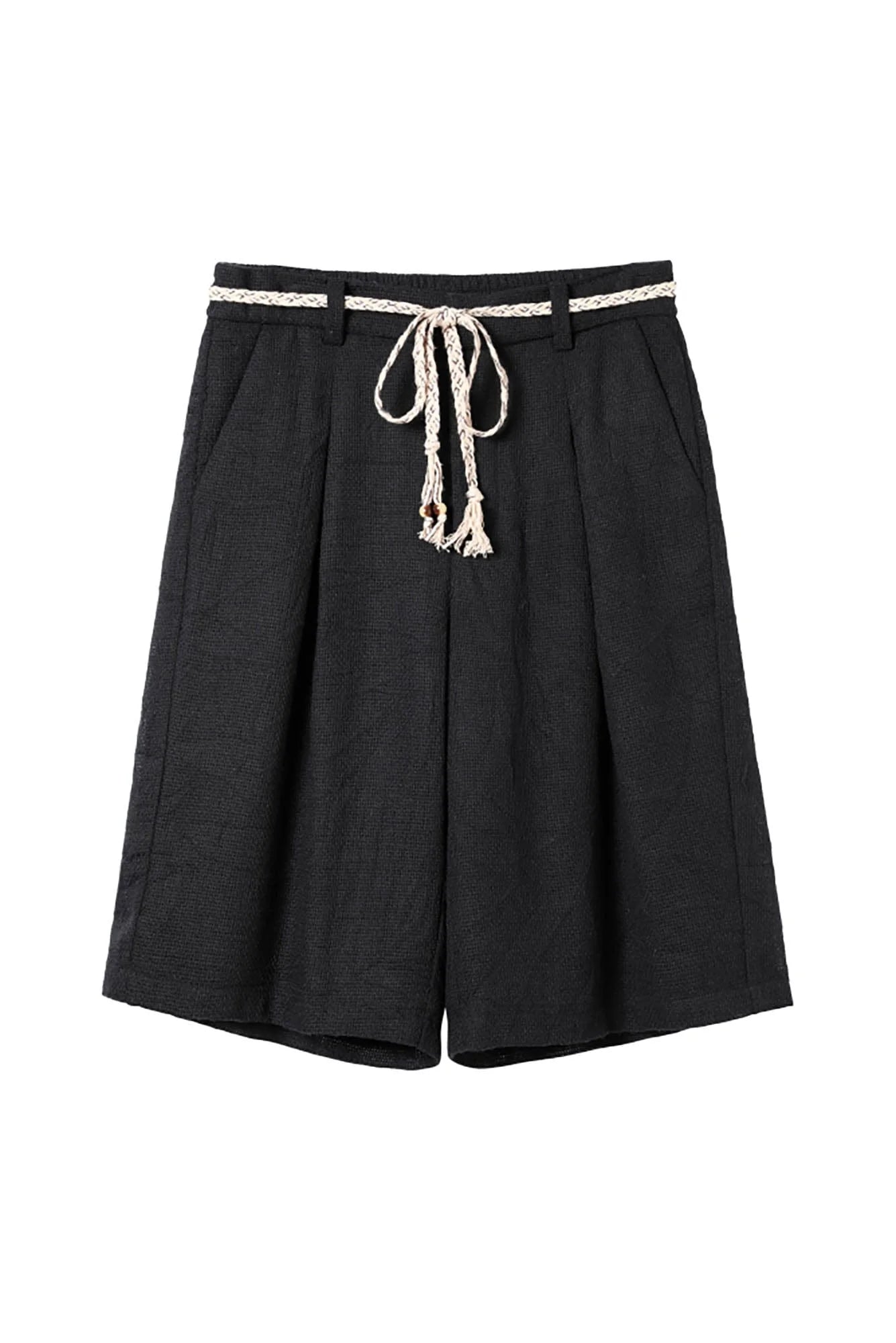 ALVNG AR ANTS Textured Mesh Pleated Braided Tassel Belt Shorts