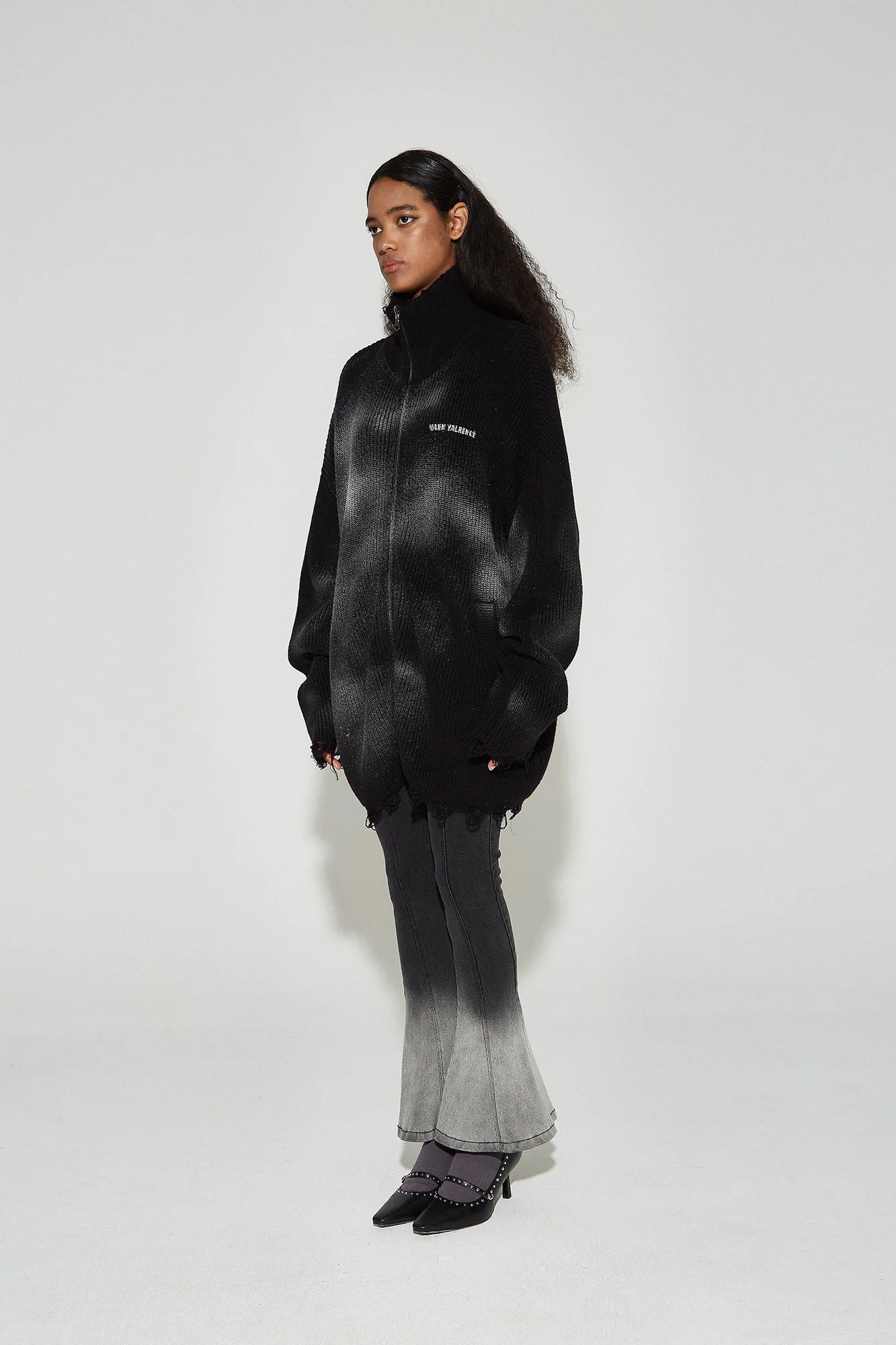 VANN VALRENCE Distressed Ombre Zip-Up Cardigan