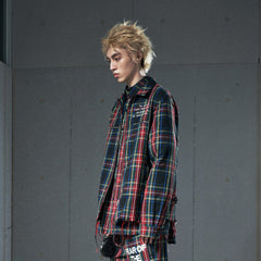 VENTUREK Punk Frayed Plaid Embroidered Jacket