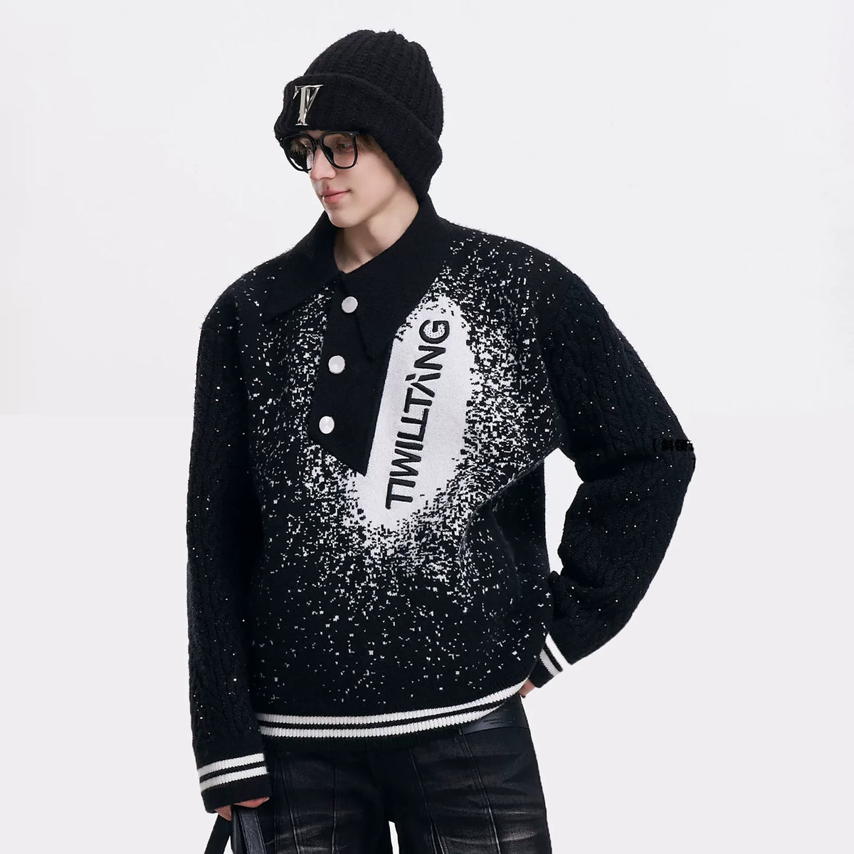 TIWILLTANG Asym Collar Embroidered LOGO Sweater