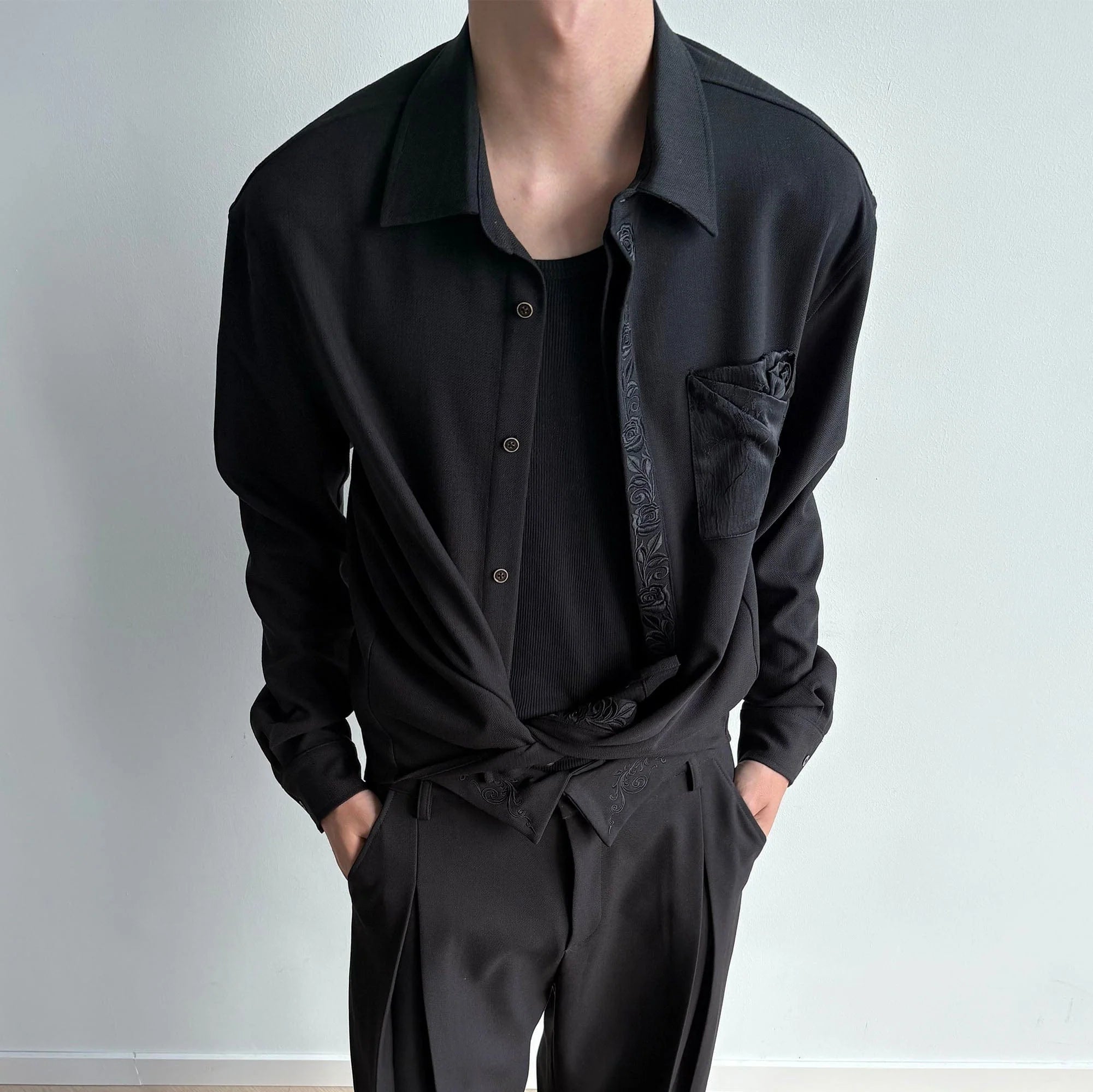 KREATE Floral Jacquard Trim Pocket Shirt