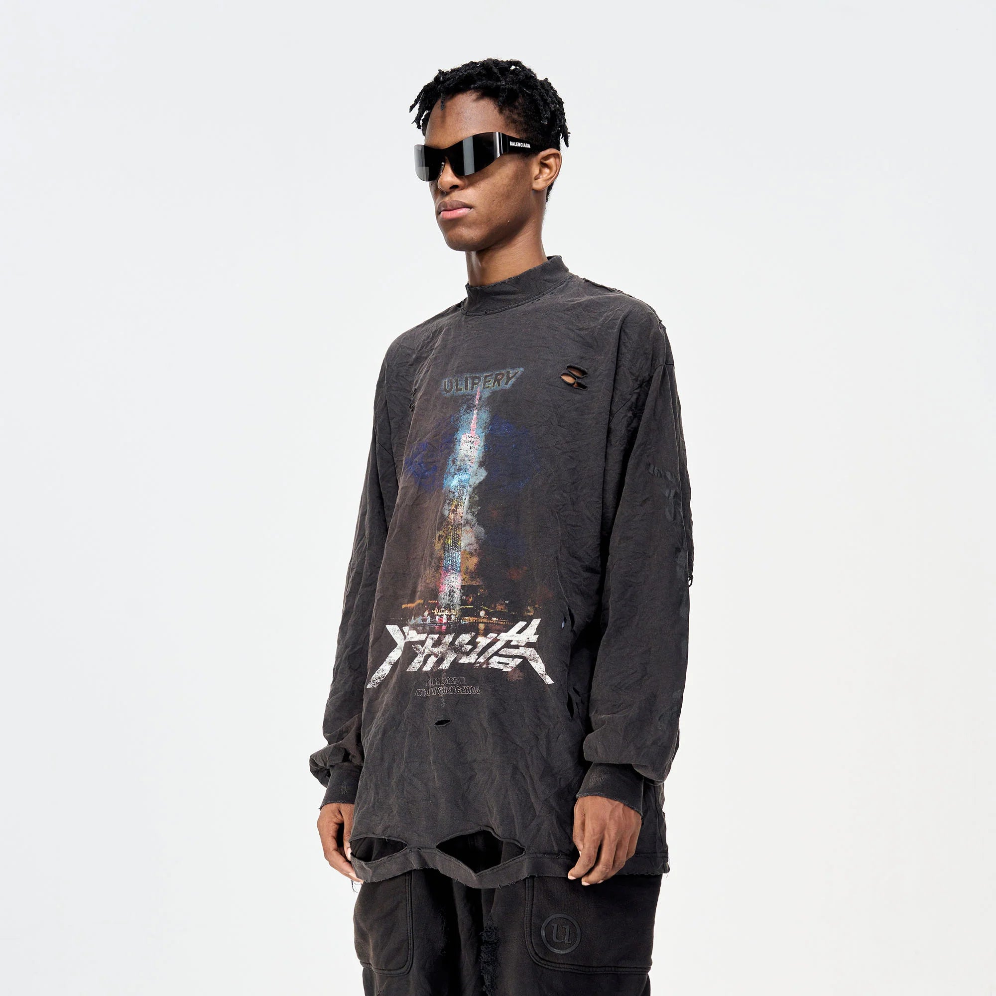 ULIPERY Distressed Glow Crinkled Long Sleeve Tee
