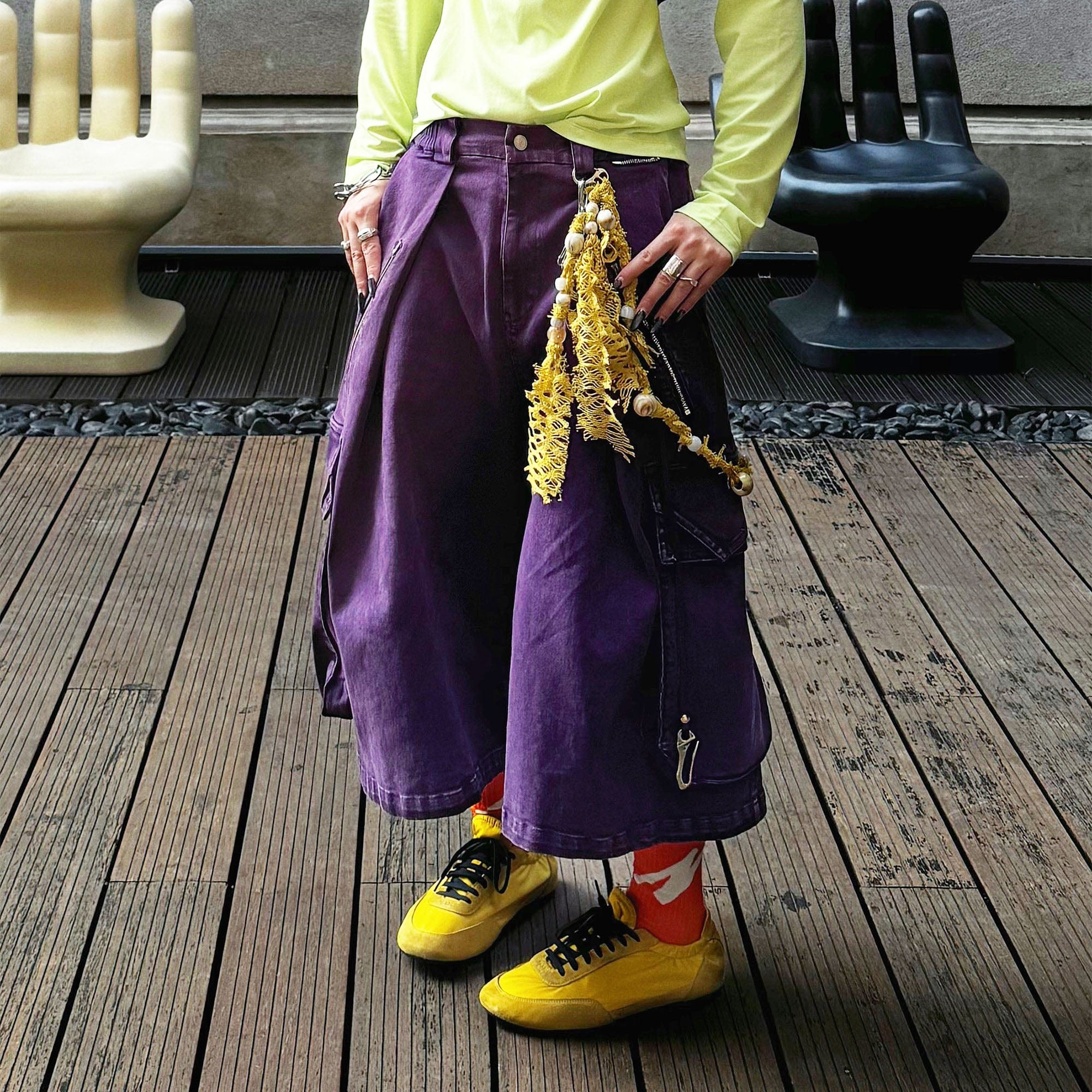 RELABEL Detachable Scarf Washed Multi-Pocket Wide-Leg Shorts Purple