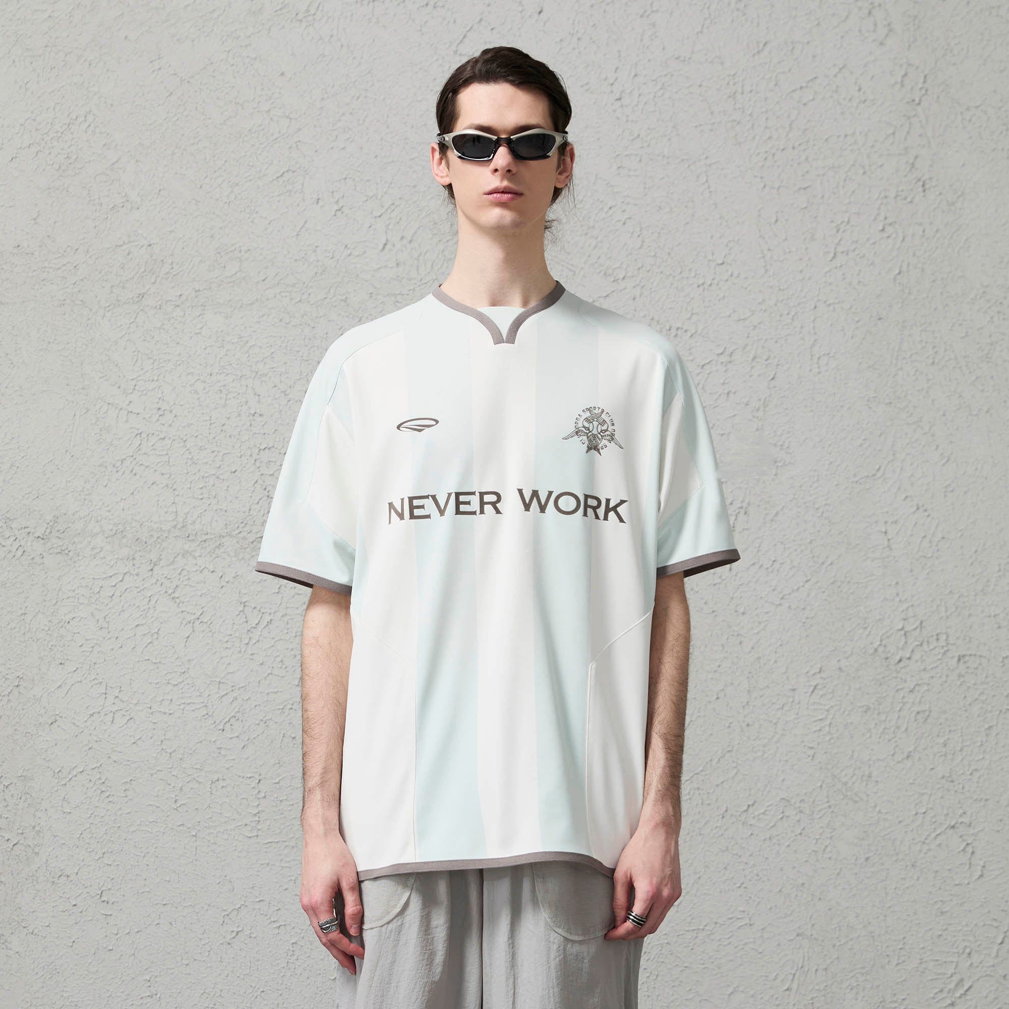 ORGANIC EMOTION Never Work Slogan Stripes Spliced Jersey