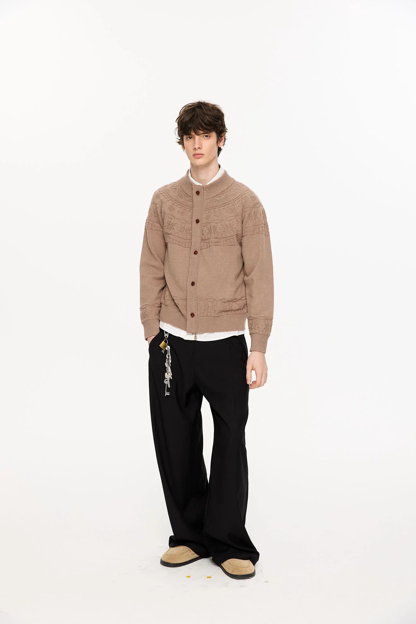 KREATE Double-Placket Jacquard Yoke Cardigan