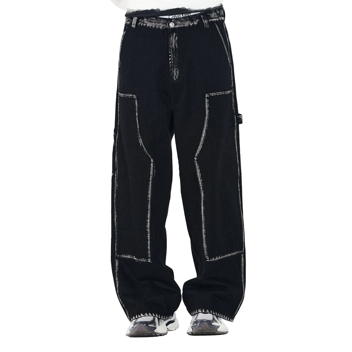 OVERLAPS Contrast Brushstroke Trim Double-Knee Jeans