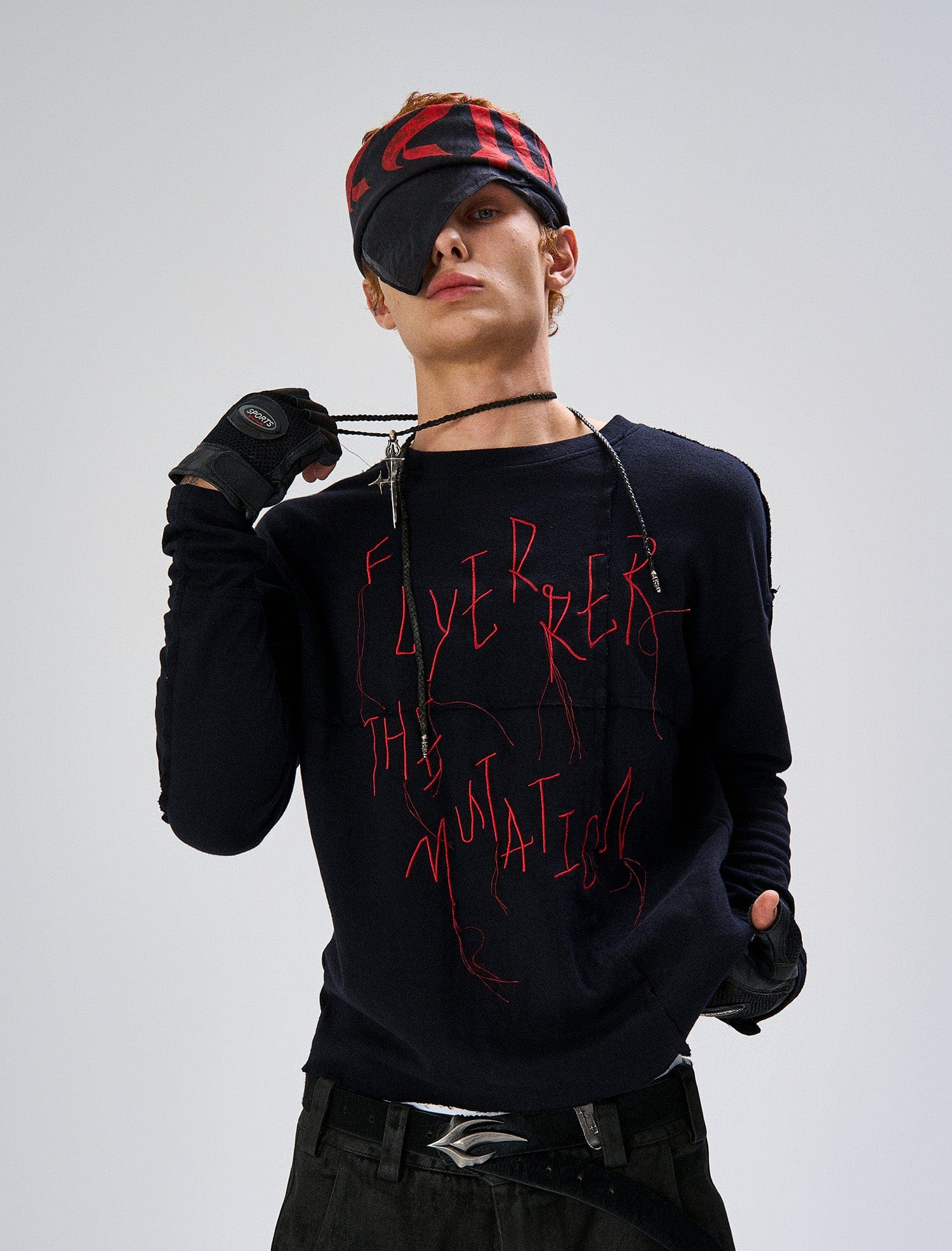 FLYERRER Cross-Panel Contrast Frayed Embroidered Long-Sleeve Tee