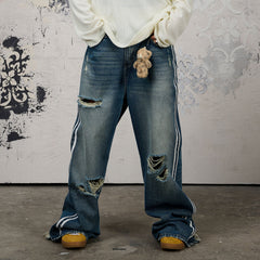 DONSMOKE Ripped Side Stripe Wide-Leg Jeans