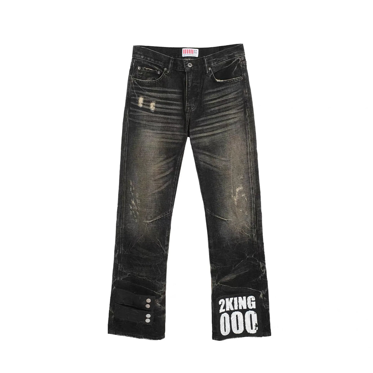 NOTHINGNESS WORLD Distressed Ripple-Wash Graphic Denim Pants