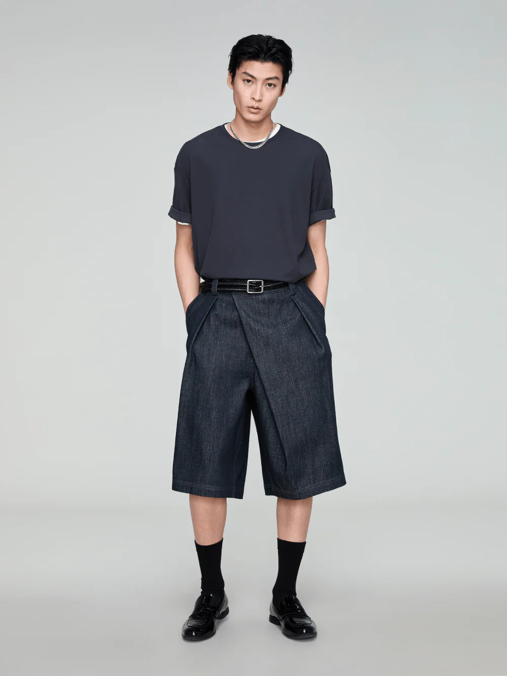 OPICLOTH Washed Asymmetric Fly Pleated Denim Shorts