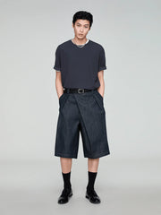 OPICLOTH Washed Asymmetric Fly Pleated Denim Shorts