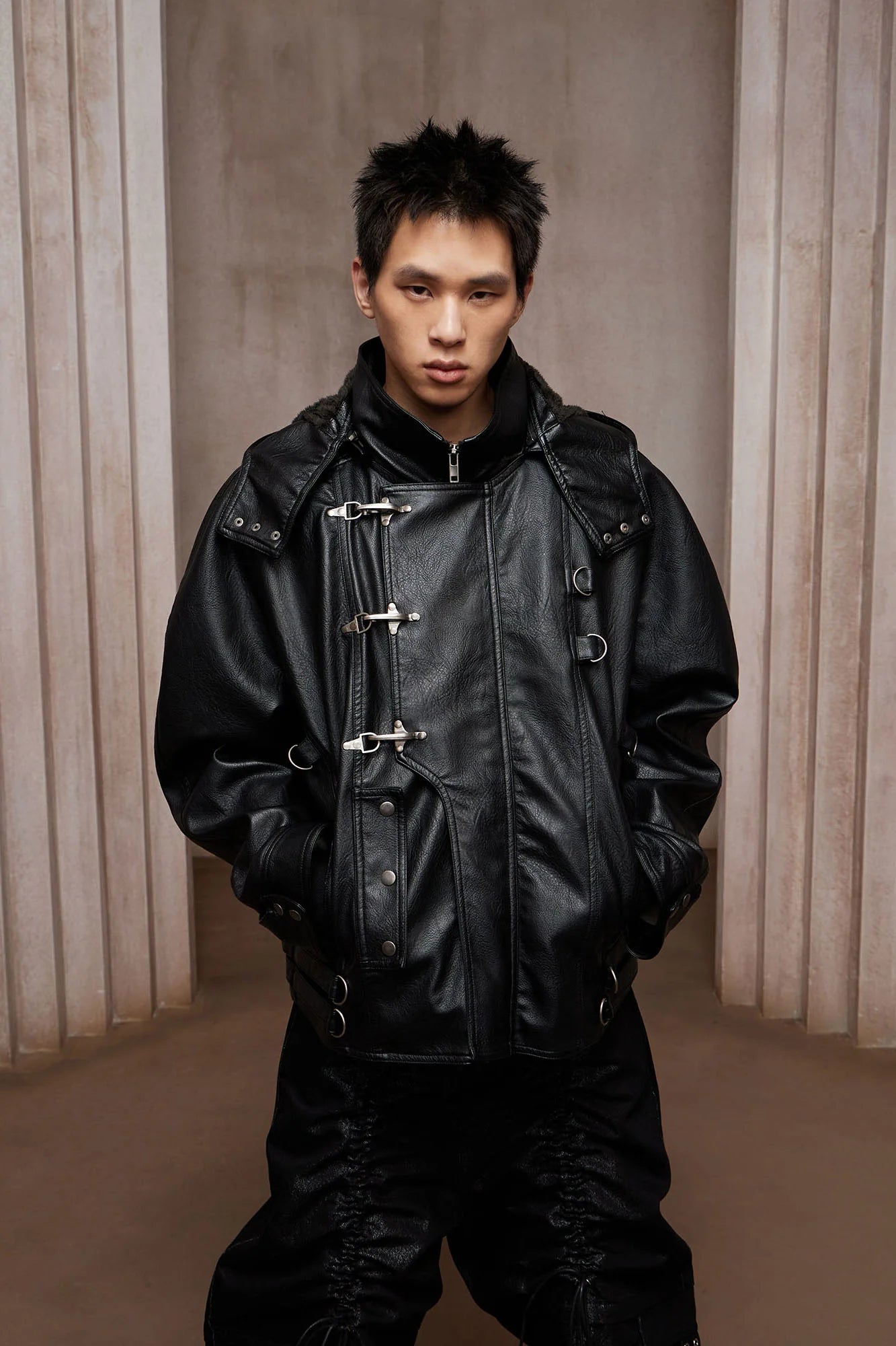 DND4DES Retro Buckle Faux Leather Hooded Jacket
