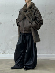 RELABEL Detachable Plush Scarf Ruched Hooded Jacket Brown