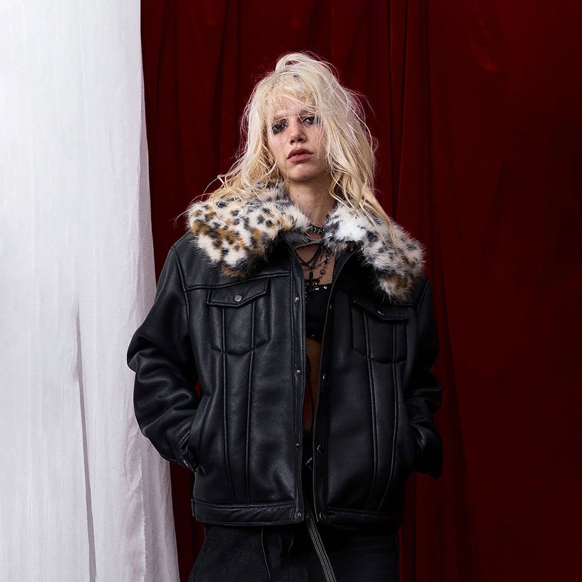 DONSMOKE × NANA Detachable Leopard Collar PU Jacket