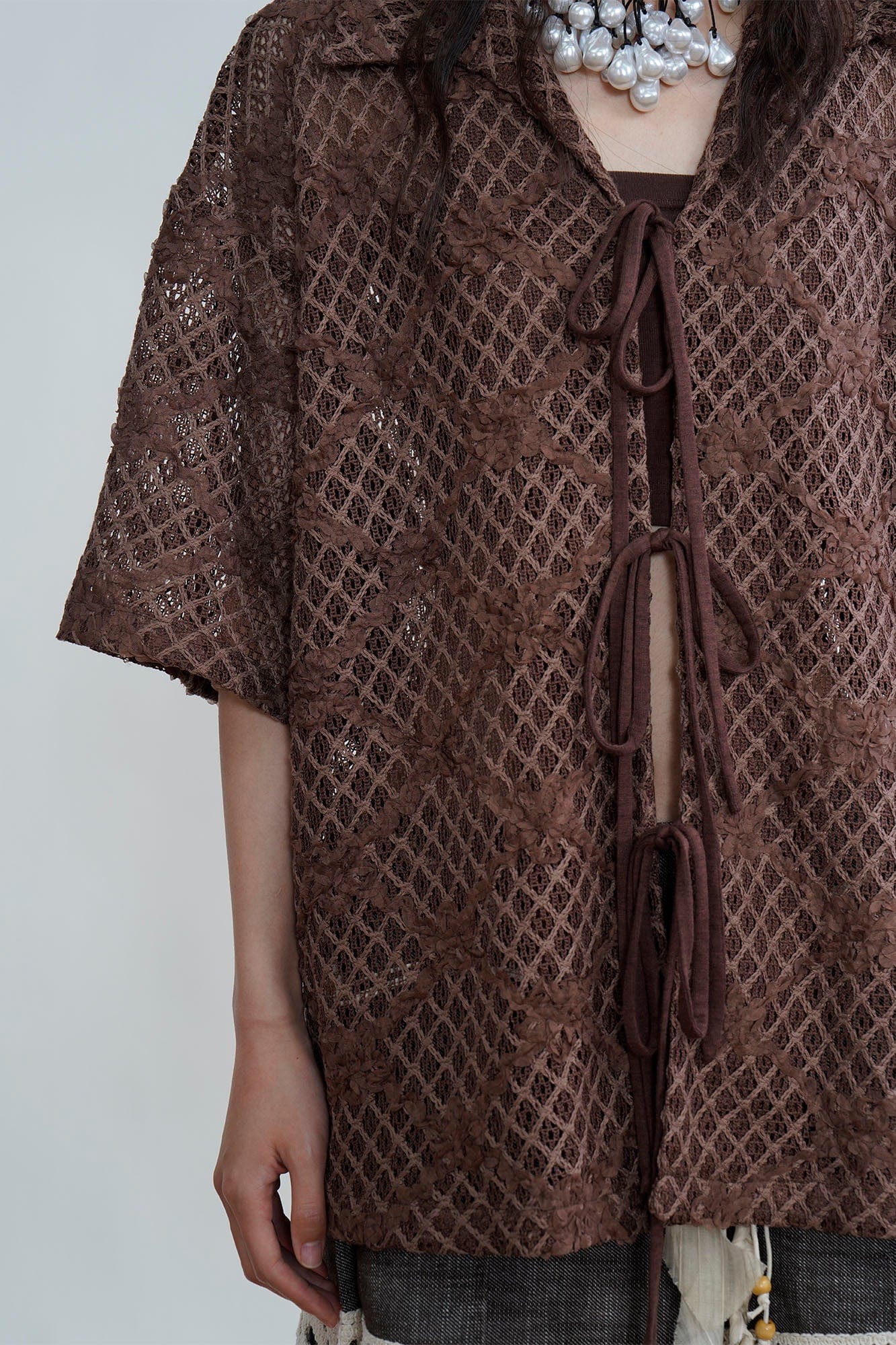 ORAL UTOPIA Crochet Tie-Front Sheer Cuban Half Shirt