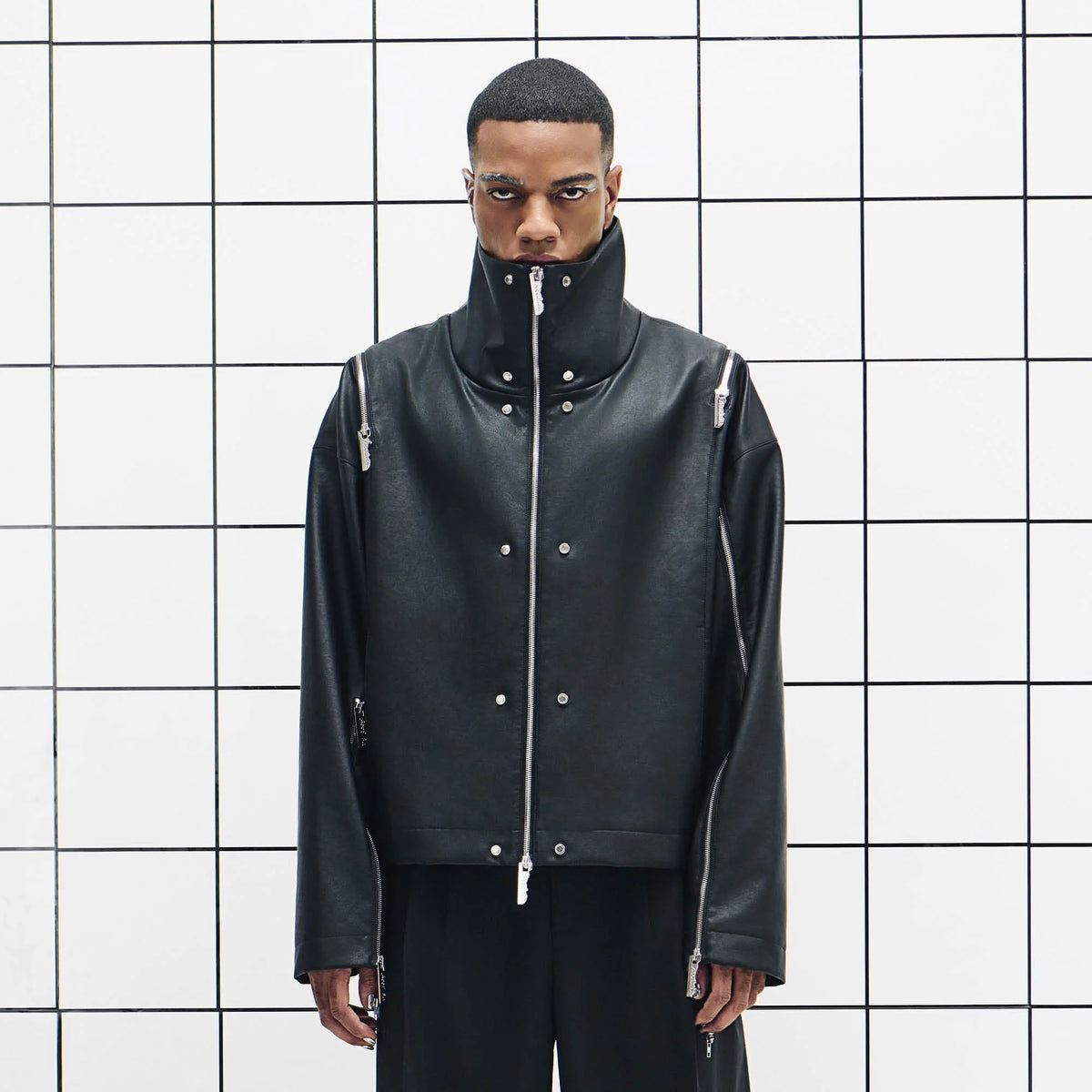 455EMBLE Multi-Zip Studded High-Collar PU Jacket