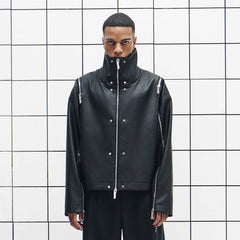 455EMBLE Multi-Zip Studded High-Collar PU Jacket