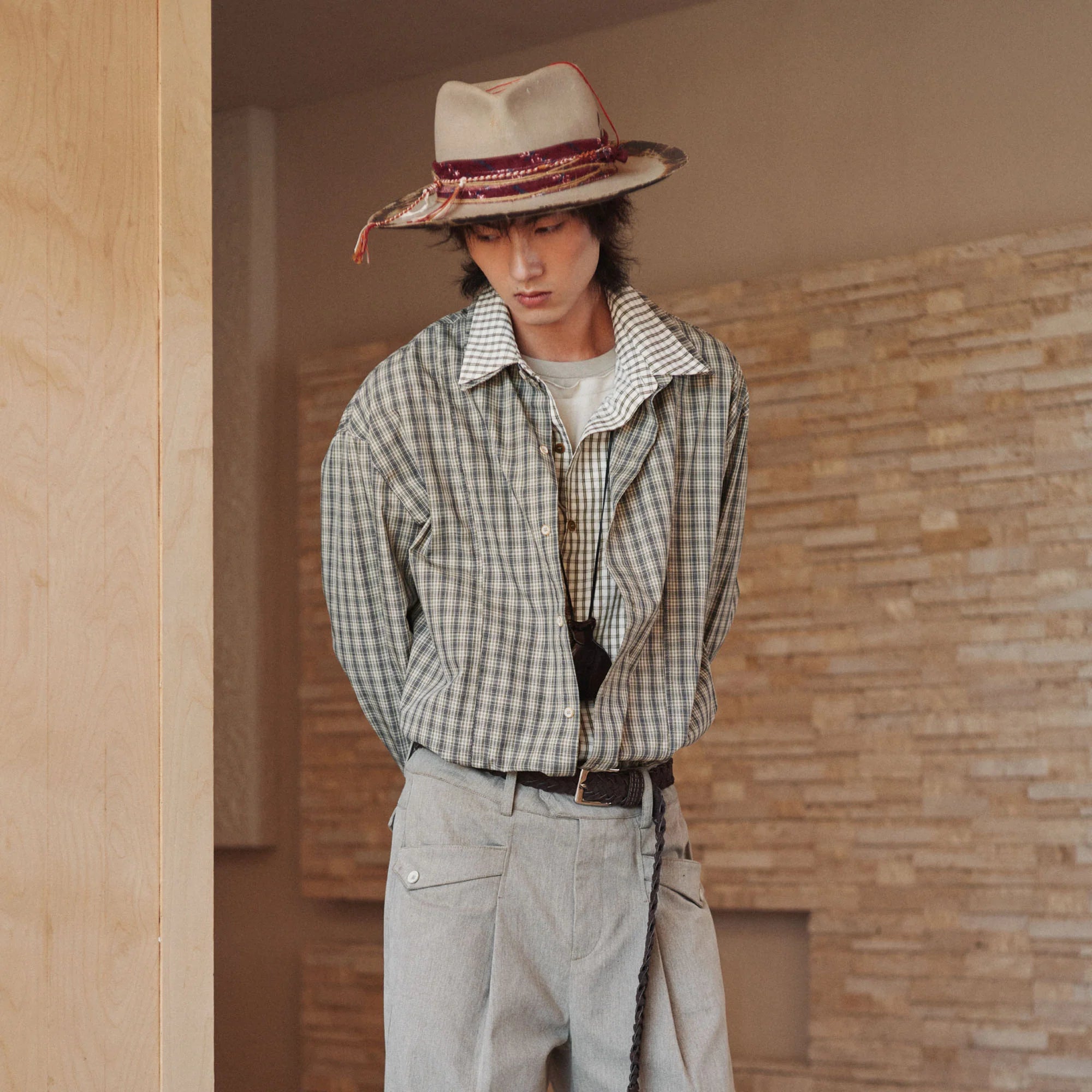 GONGHE REPUB Faux Layered Collar Plaid Shirt