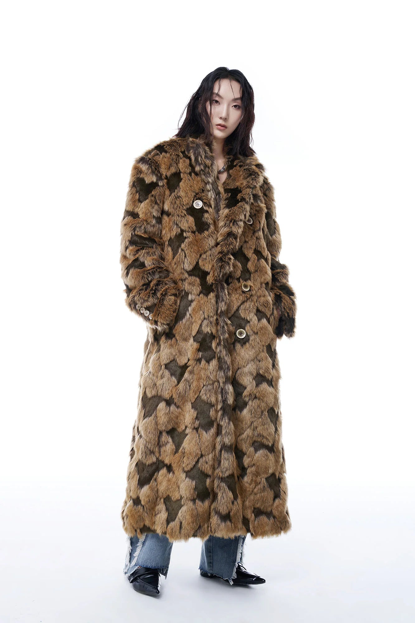 TUIMU Leopard Faux Mink Double-Breasted Coat