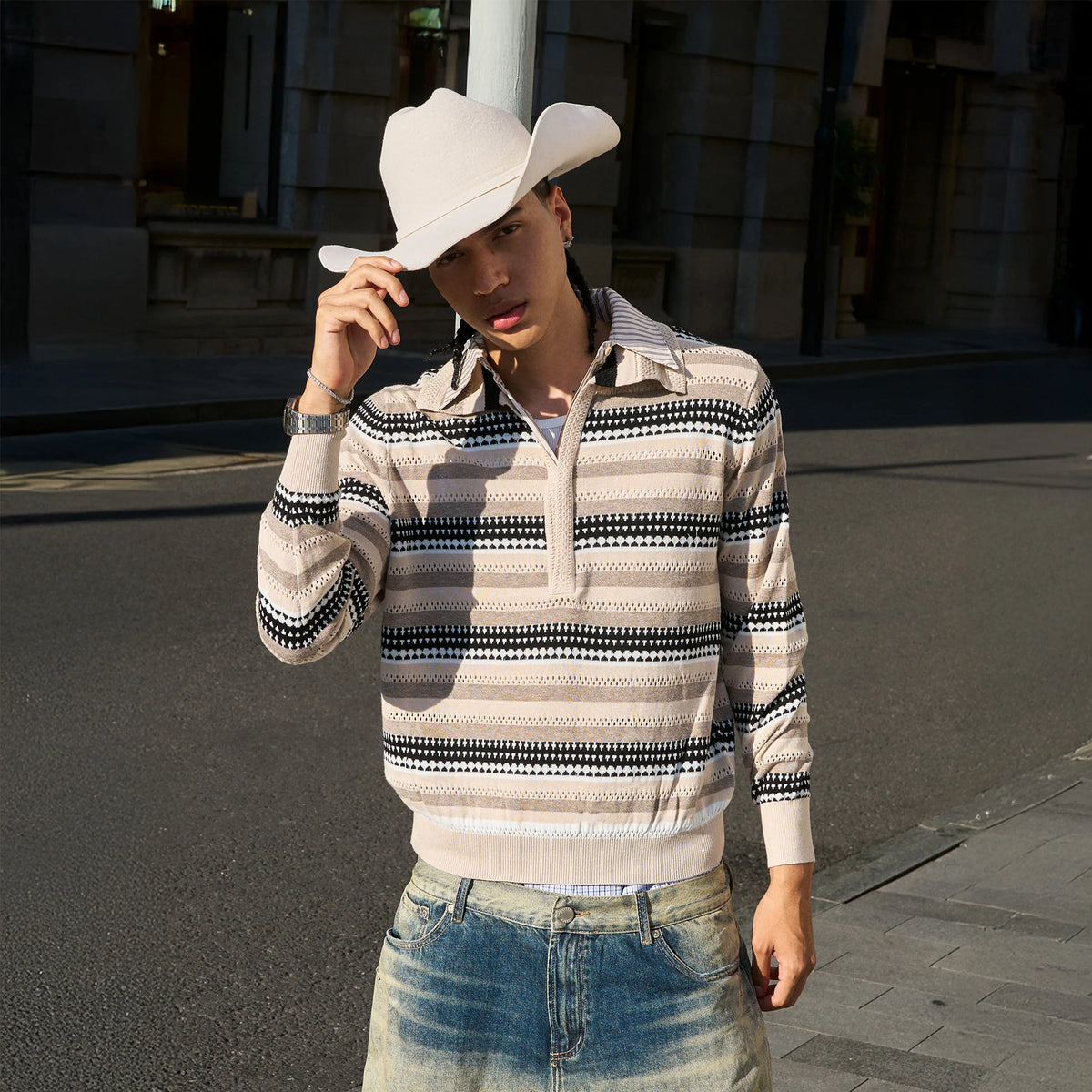 STEEPC Stripe Faux-Layered Polo Sweater