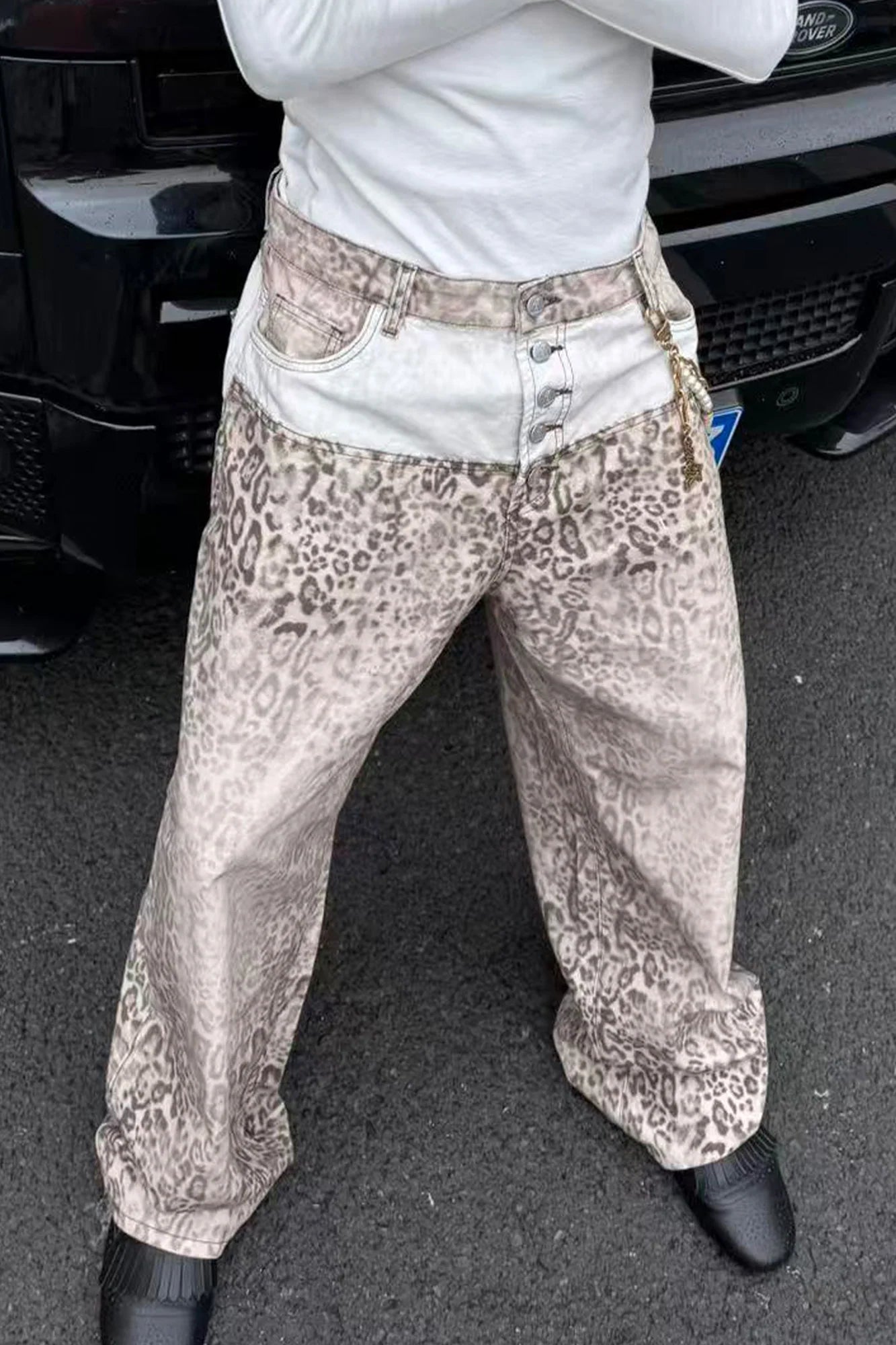 STEEPC Leopard Washed Paneled Wide-Leg Pants