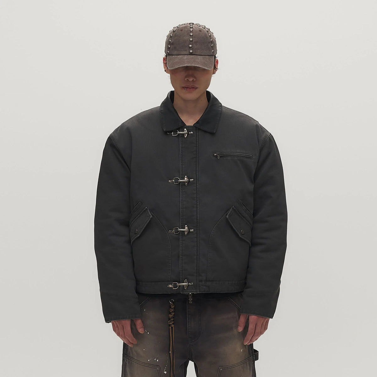 SAVAGEGROWTHWORLD Leather Collar Utility Puffer Jacket