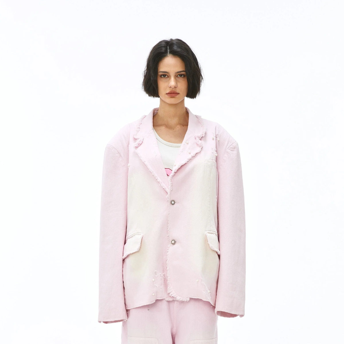 VANN VALRENCE Washed Beaded Frayed Denim Jacket