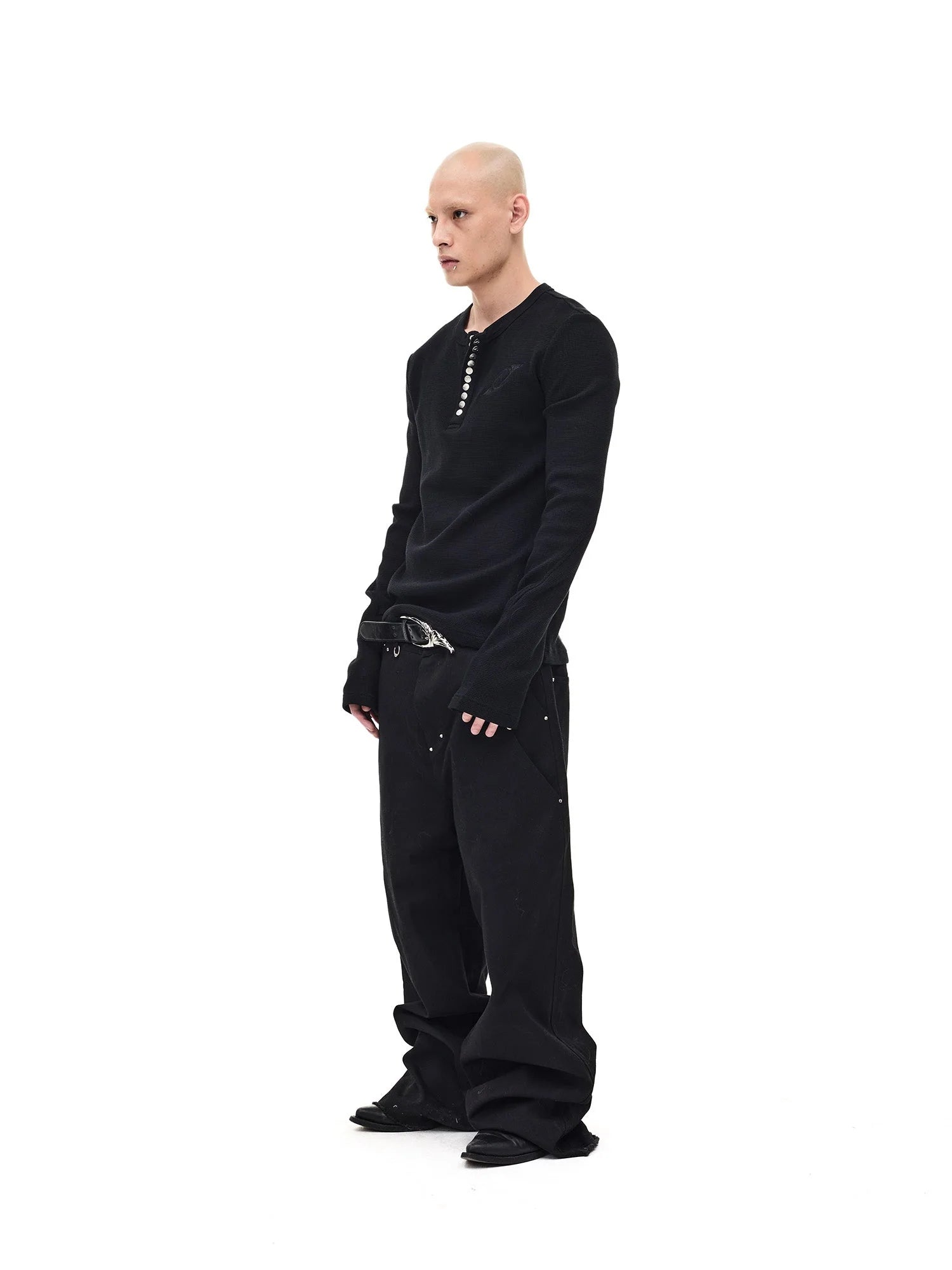 WHISTLEHUNTER Waffle-Knit Snap Henley Long-Sleeve Tee