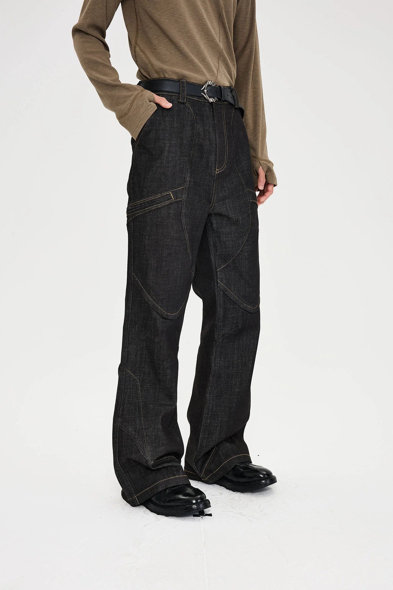 CATSSTAC Retro Curved Seam Panel Raw Jeans