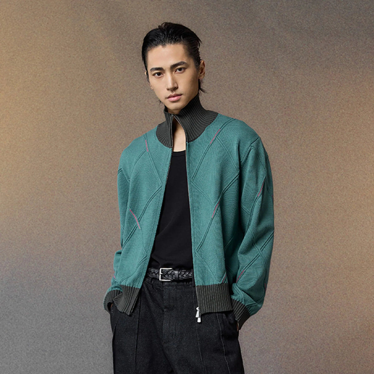 ALVNG AR ANTS Geometric Stitch Zip-Up Sweater
