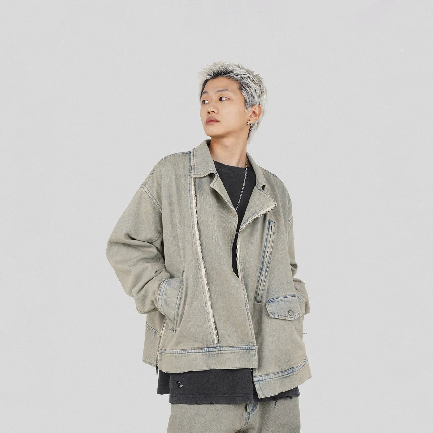 UNDERWATER Acid Wash Zipper Biker Jacket