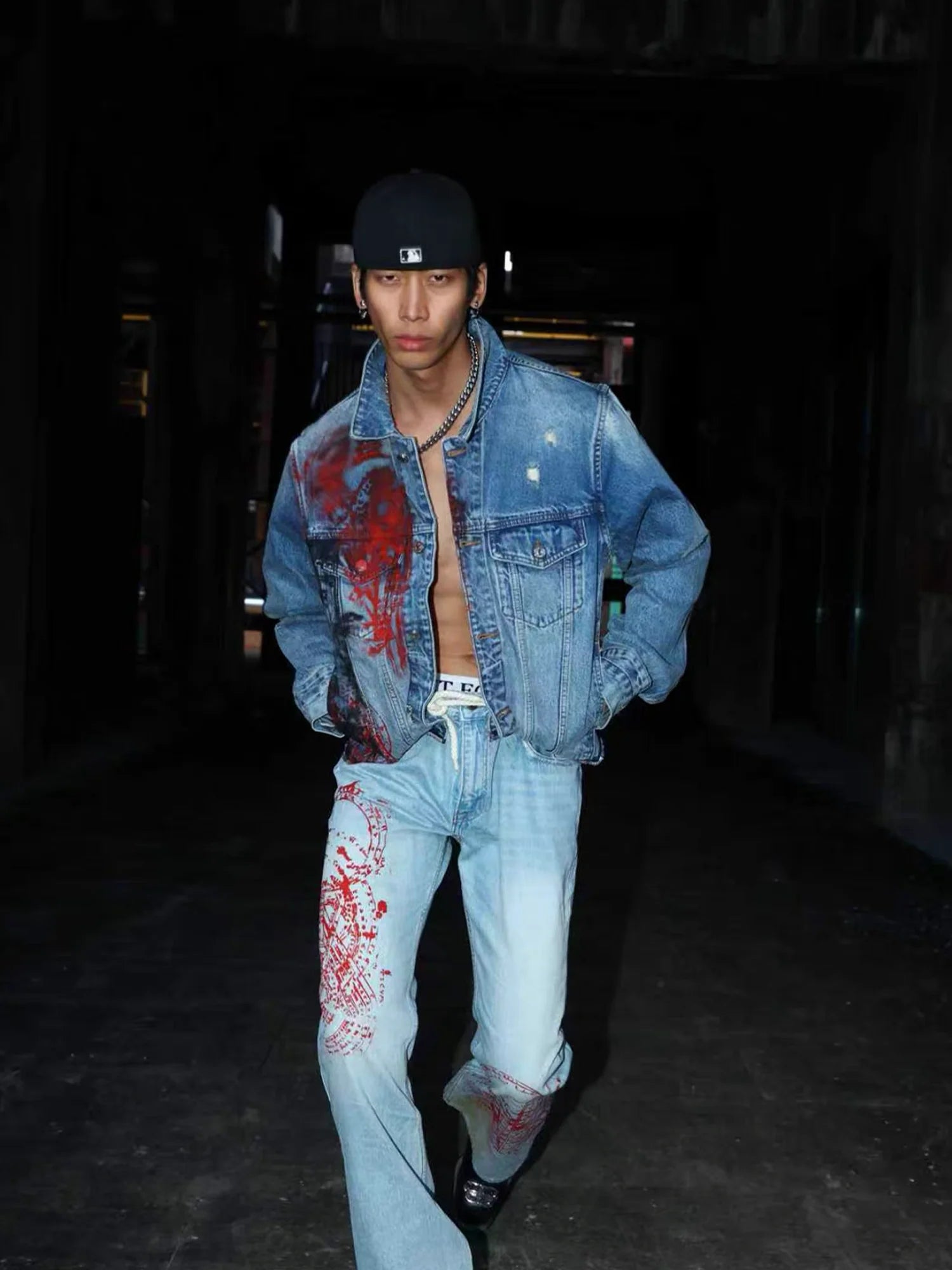 NOTHINGNESS WORLD Distressed Stamp-Print Flare Jeans