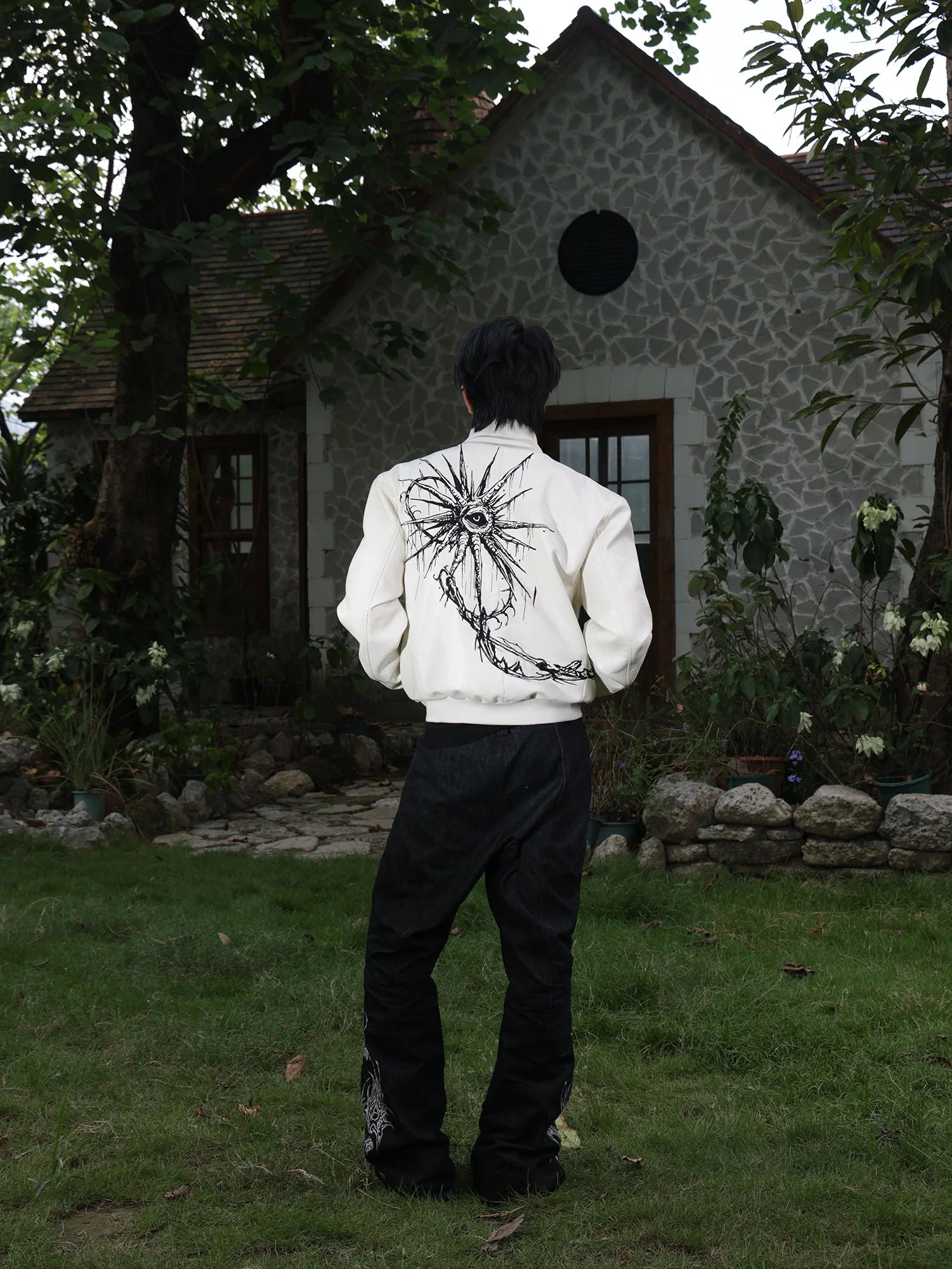 FLYERRER Thorned Eye Graphic Faux Leather Jacket
