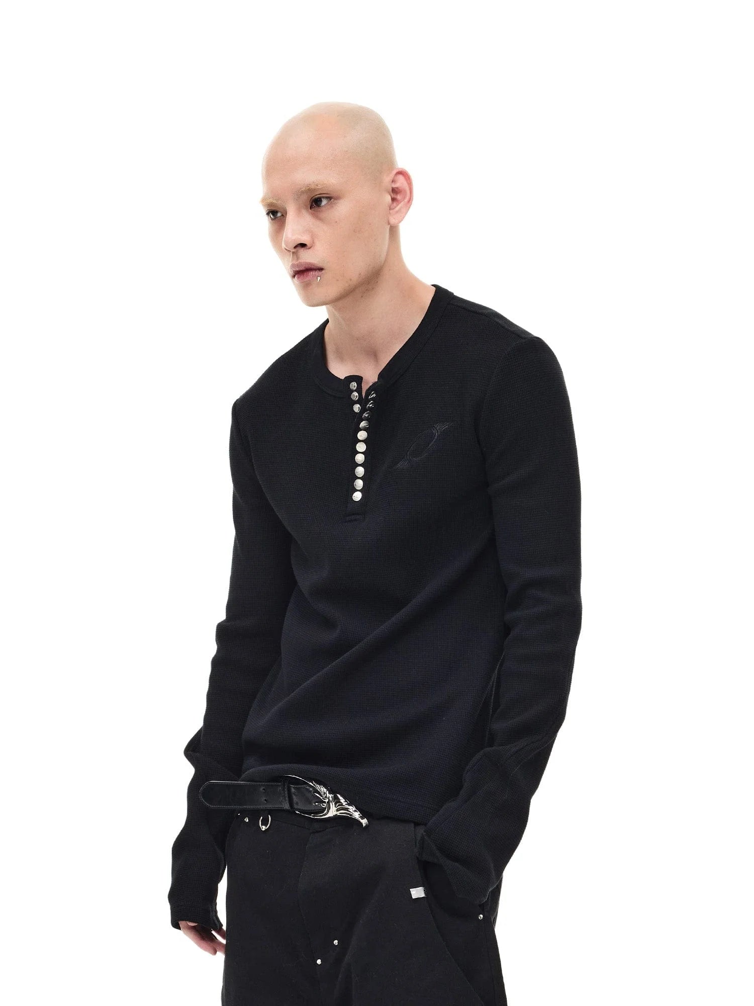 WHISTLEHUNTER Waffle-Knit Snap Henley Long-Sleeve Tee