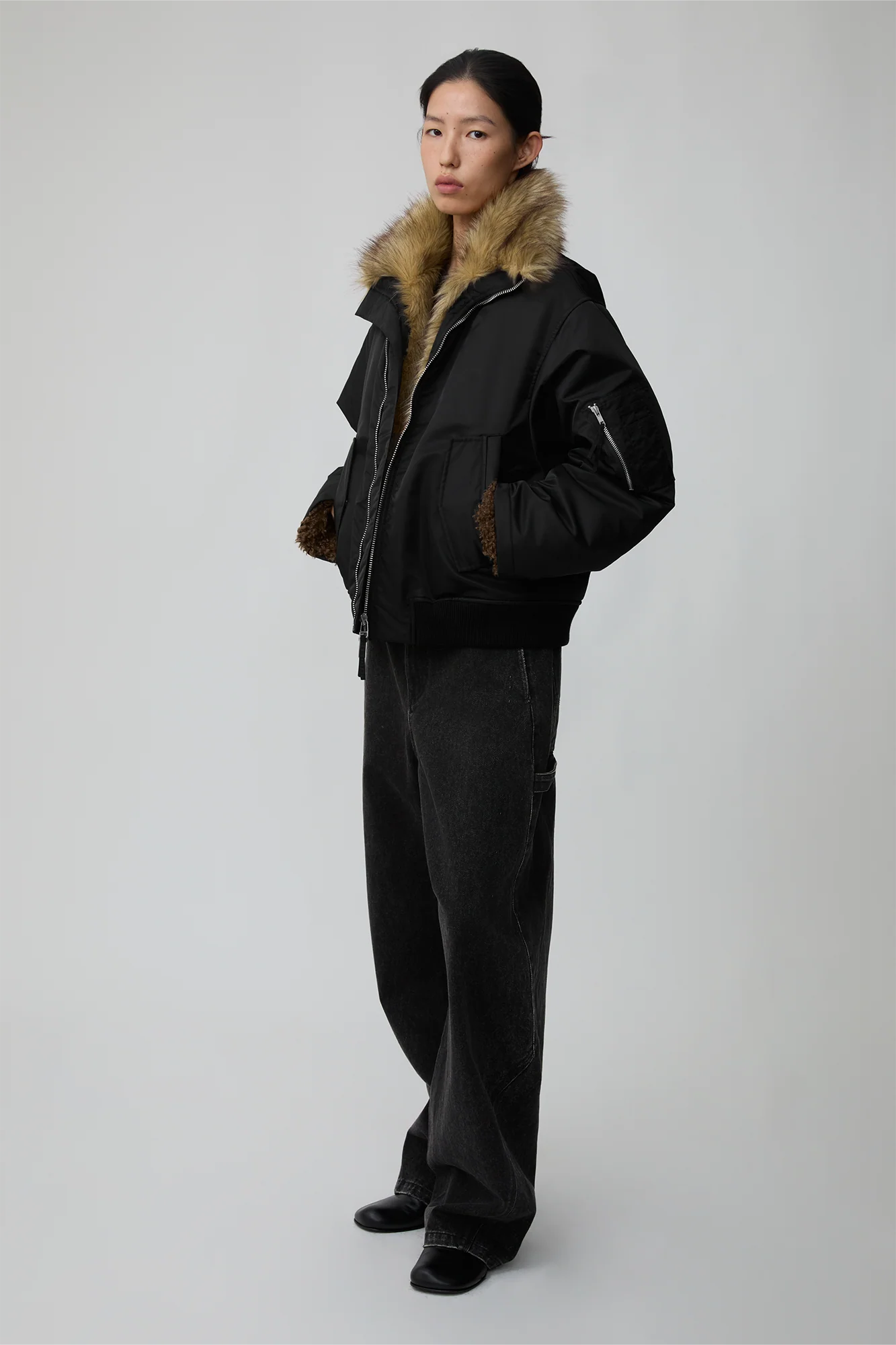 OPICLOTH Faux Fur-Lined Spliced Bomber Jacket