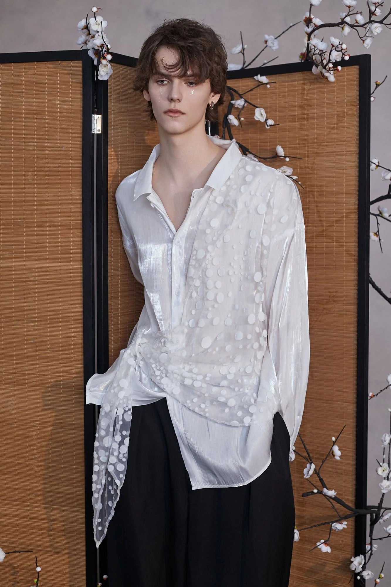 JIECHI Dots Tulle Drape Iridescent Shirt