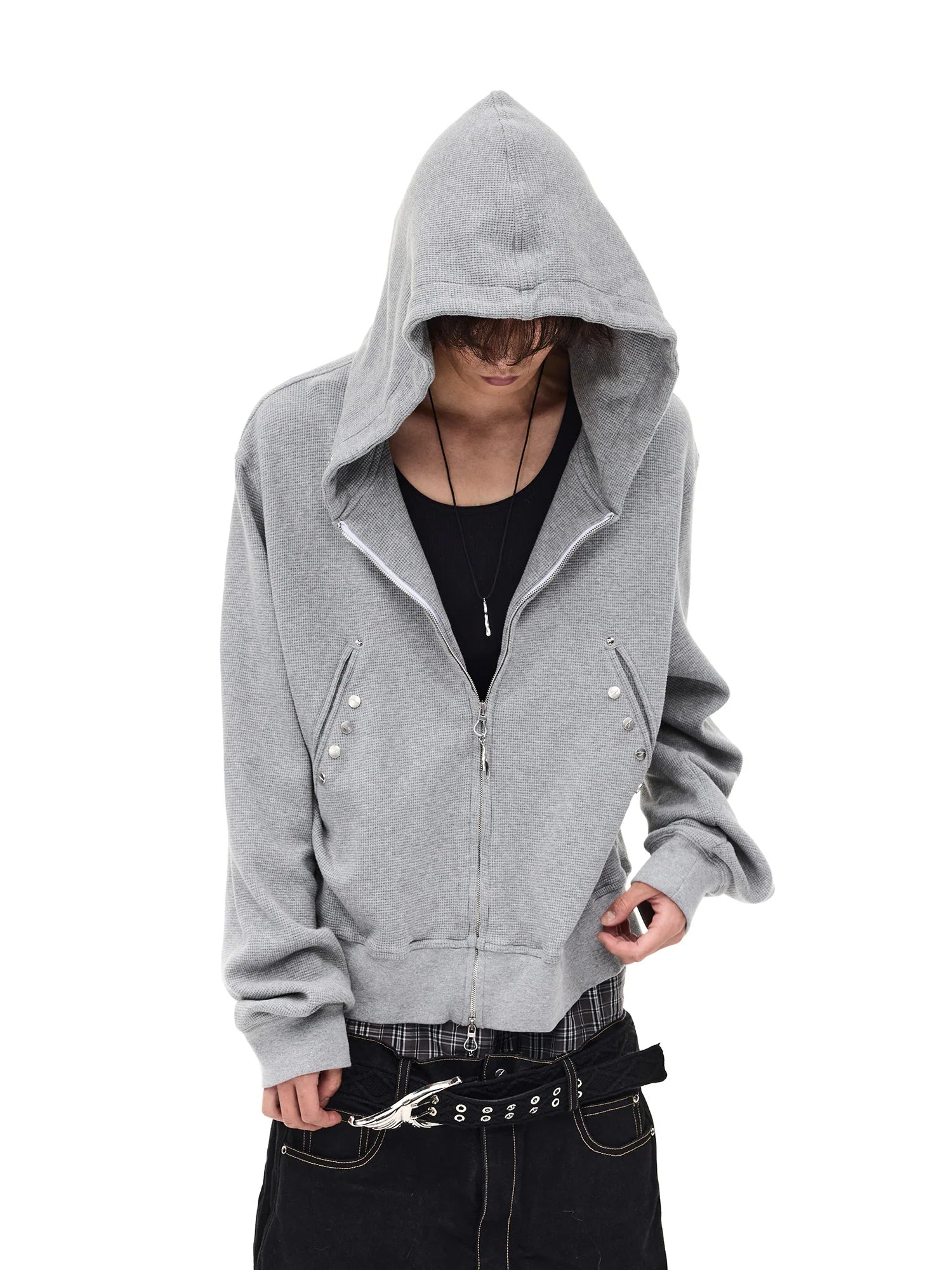 WHISTLEHUNTER Washed Waffle Studded Zip-Up Hoodie