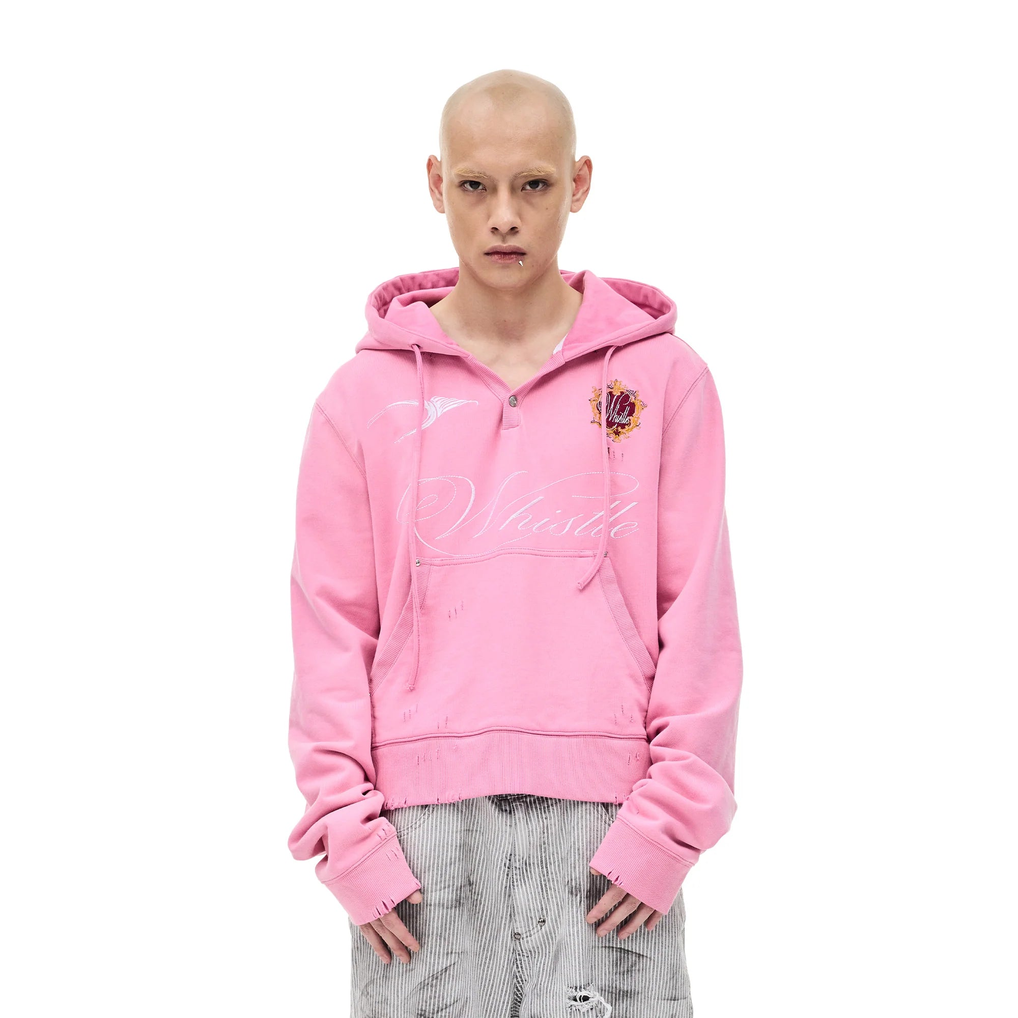 WHISTLEHUNTER Distressed Embroidered V-Neck Hoodie