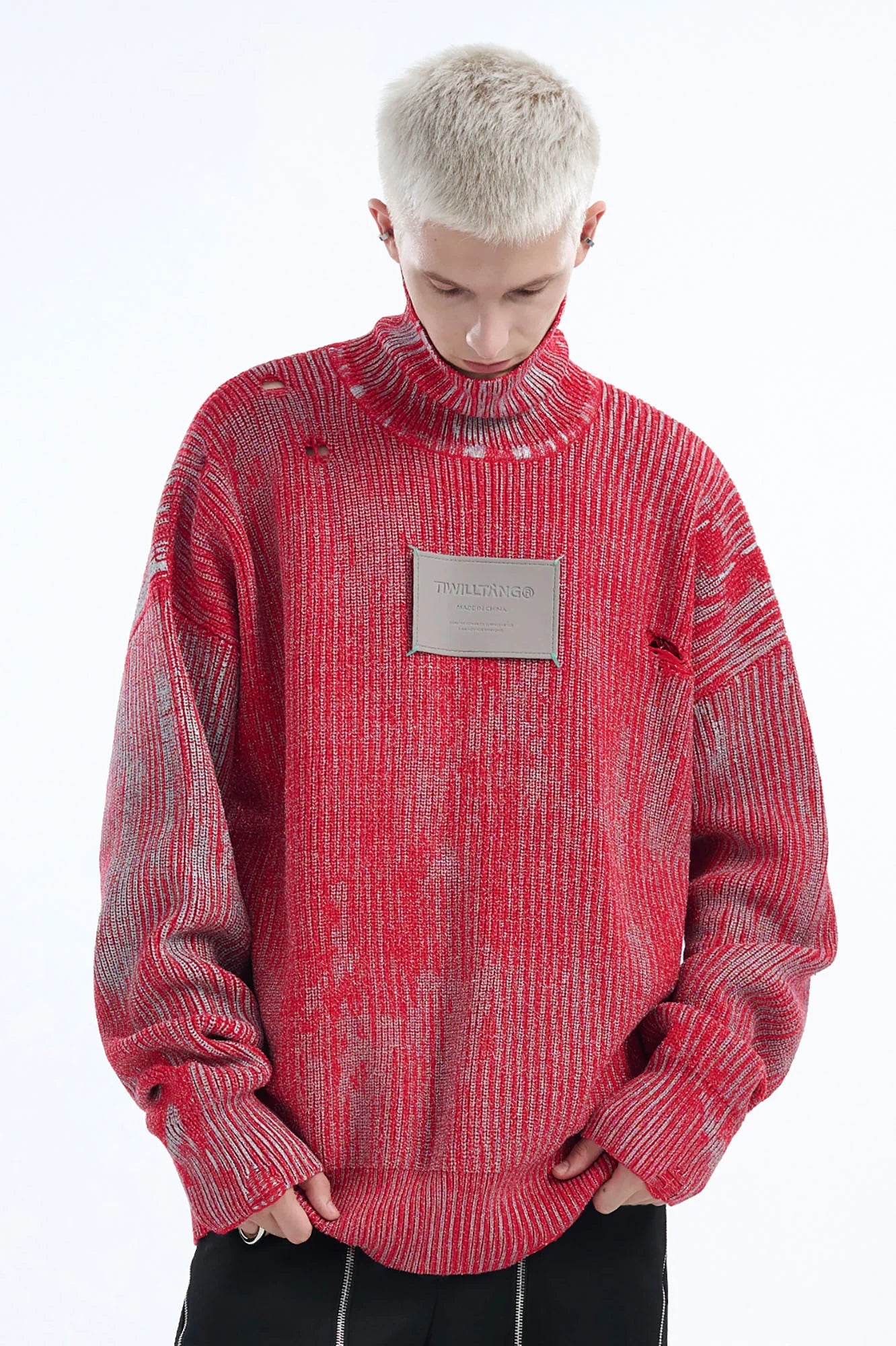 TIWILLTANG Distressed Foil High-Neck Sweater