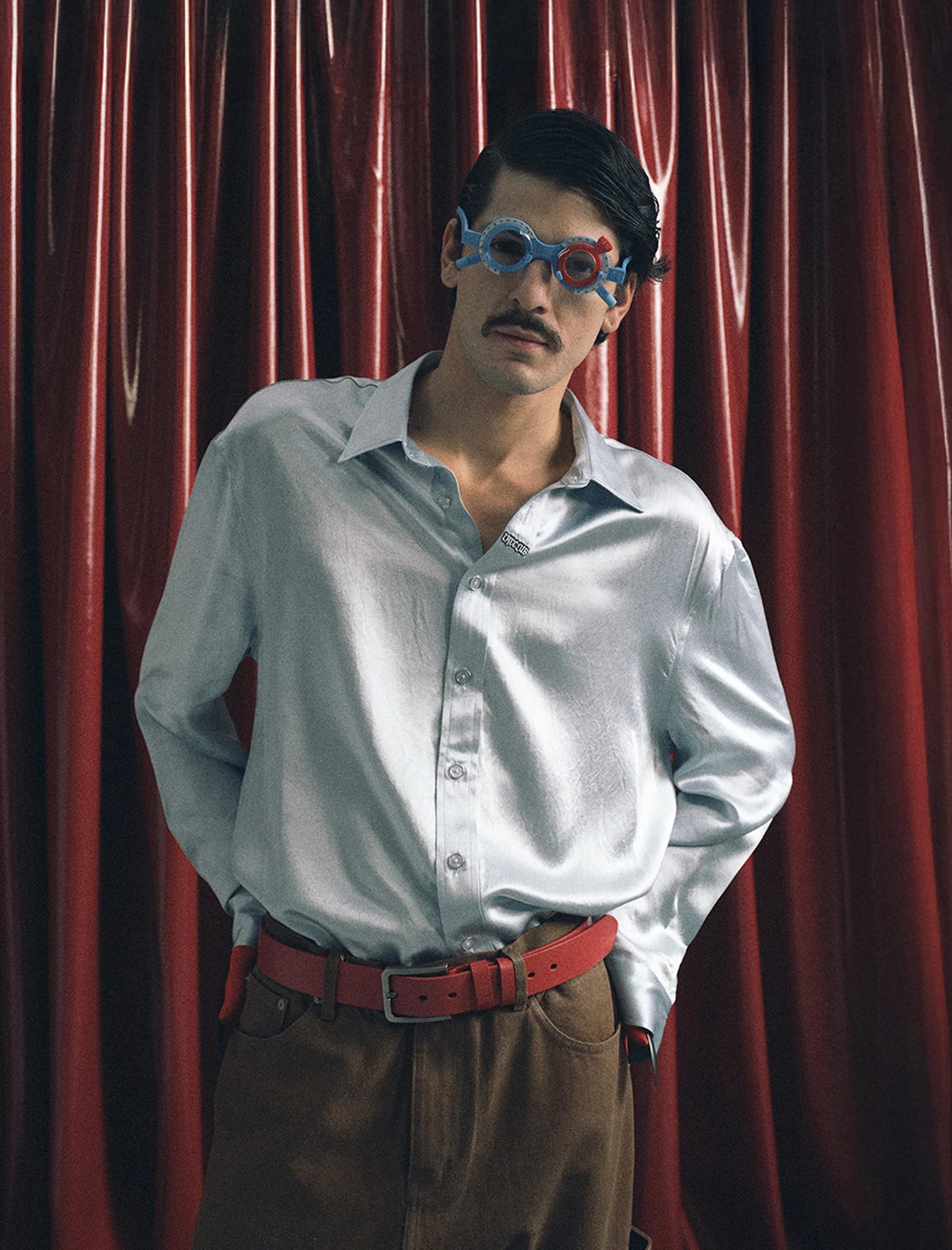 TRECLUB Glossy Embroidered-Placket Drapey Shirt
