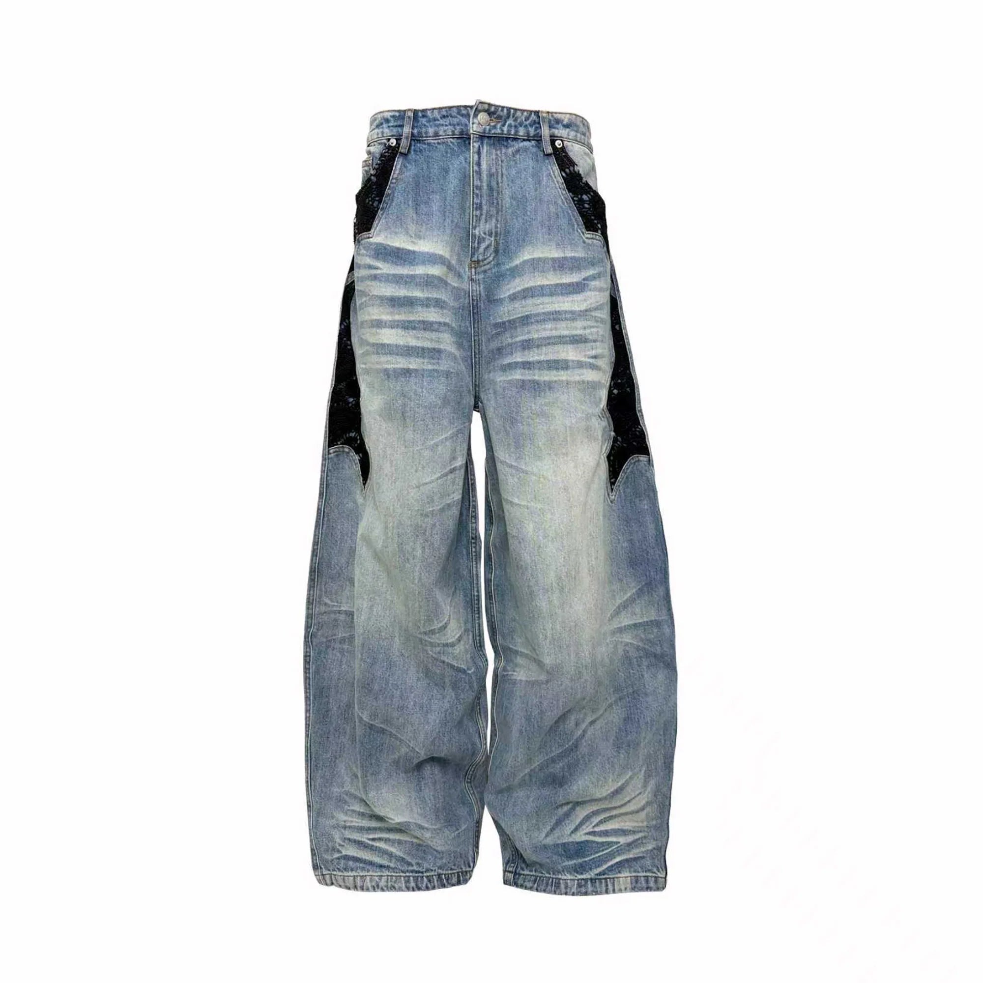 PCCVISION Lace Spliced Washed Wide-Leg Jeans