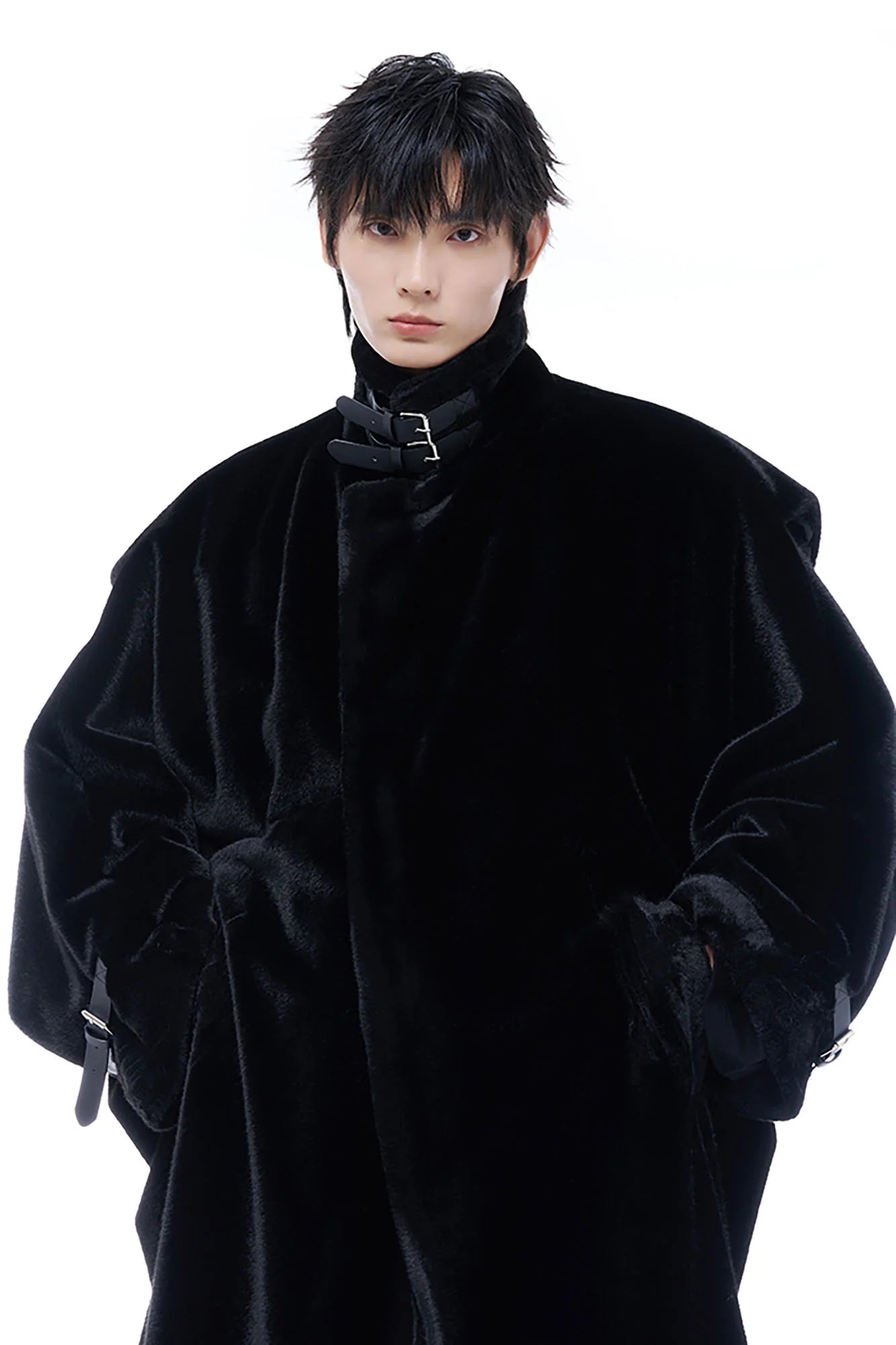 TUIMU Belted High Collar Faux Mink Overcoat