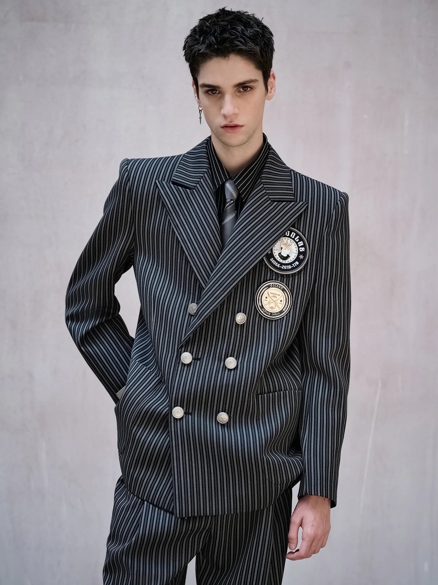 FACEONLAB Stripe Badge-Patch Double-Breasted Jacket