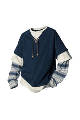 RELABEL Layered Stripe-Sleeve Lace-Up Sweatshirt Blue
