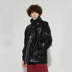 VANN VALRENCE Retro Glossy Faux Leather Jacket