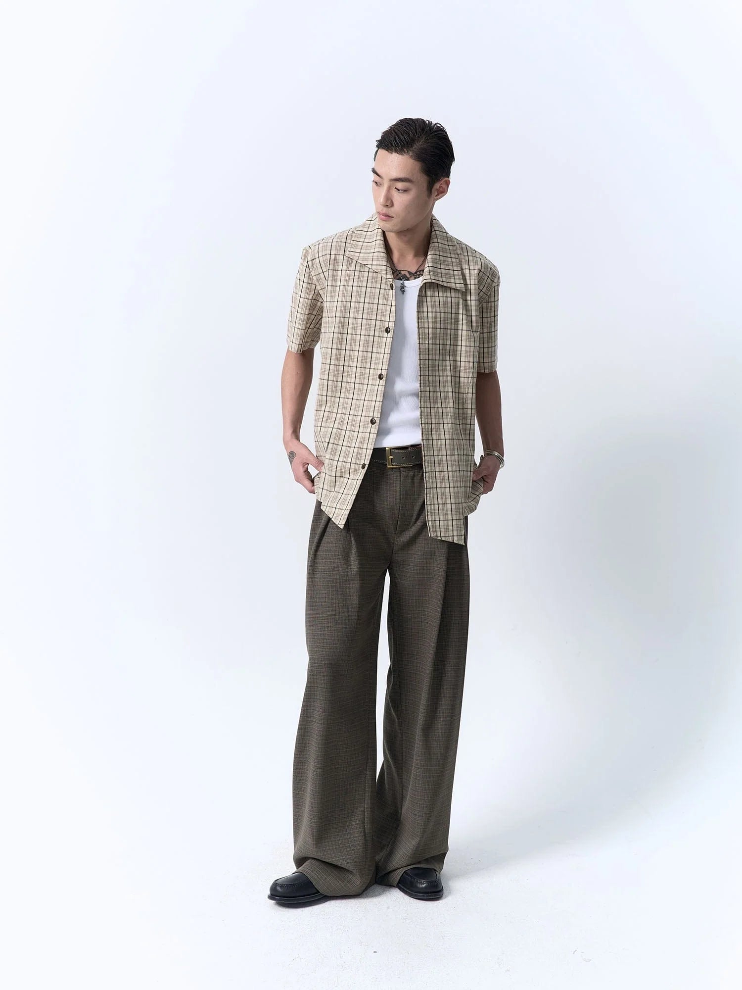 IN EXISTENCE Inverted Pleats Mini Check Wide-Leg Trousers